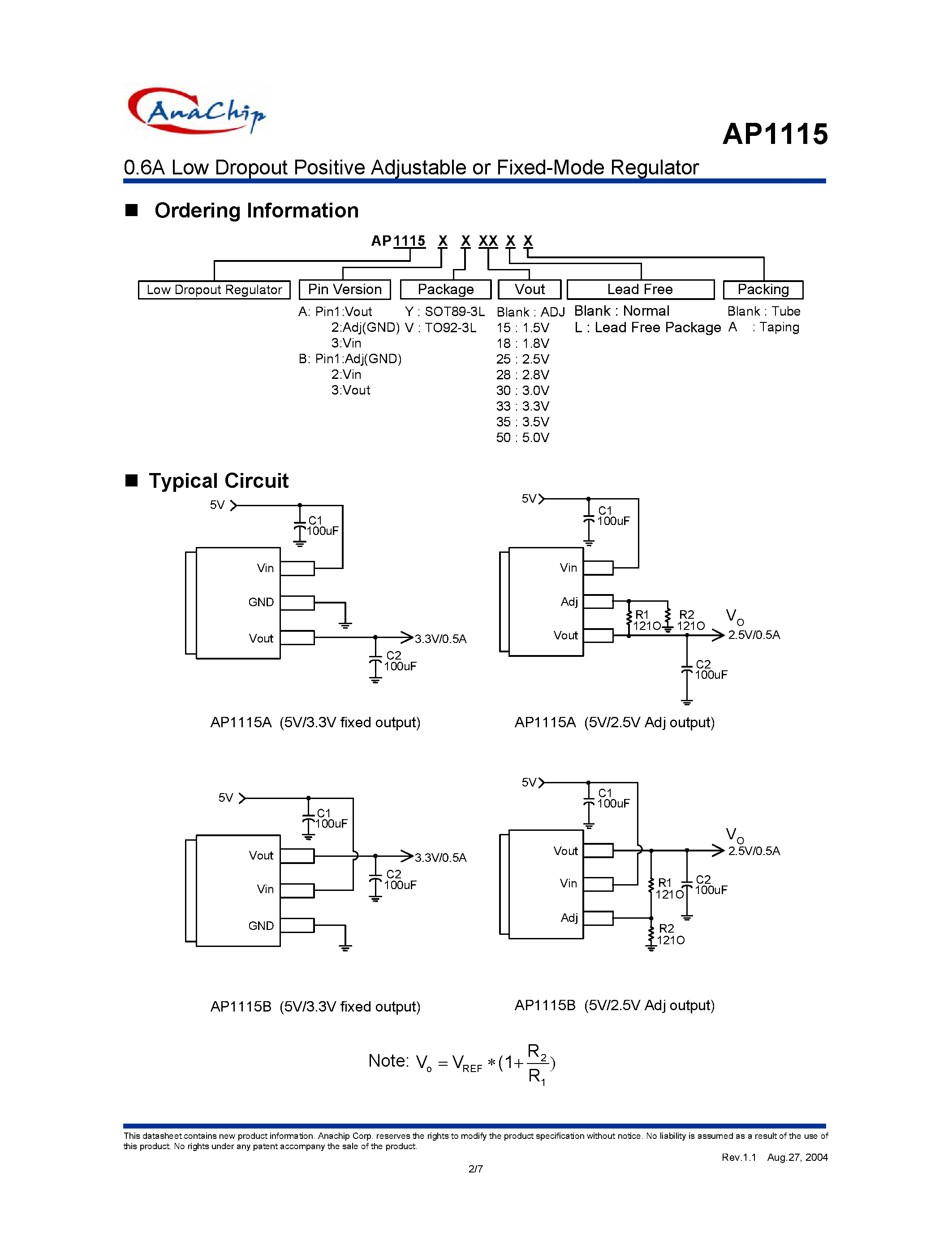 Datasheet AP1115AY33A - 0.6A Low Dropout Positive Adjustable or Fixed-Mode Regulator page 2