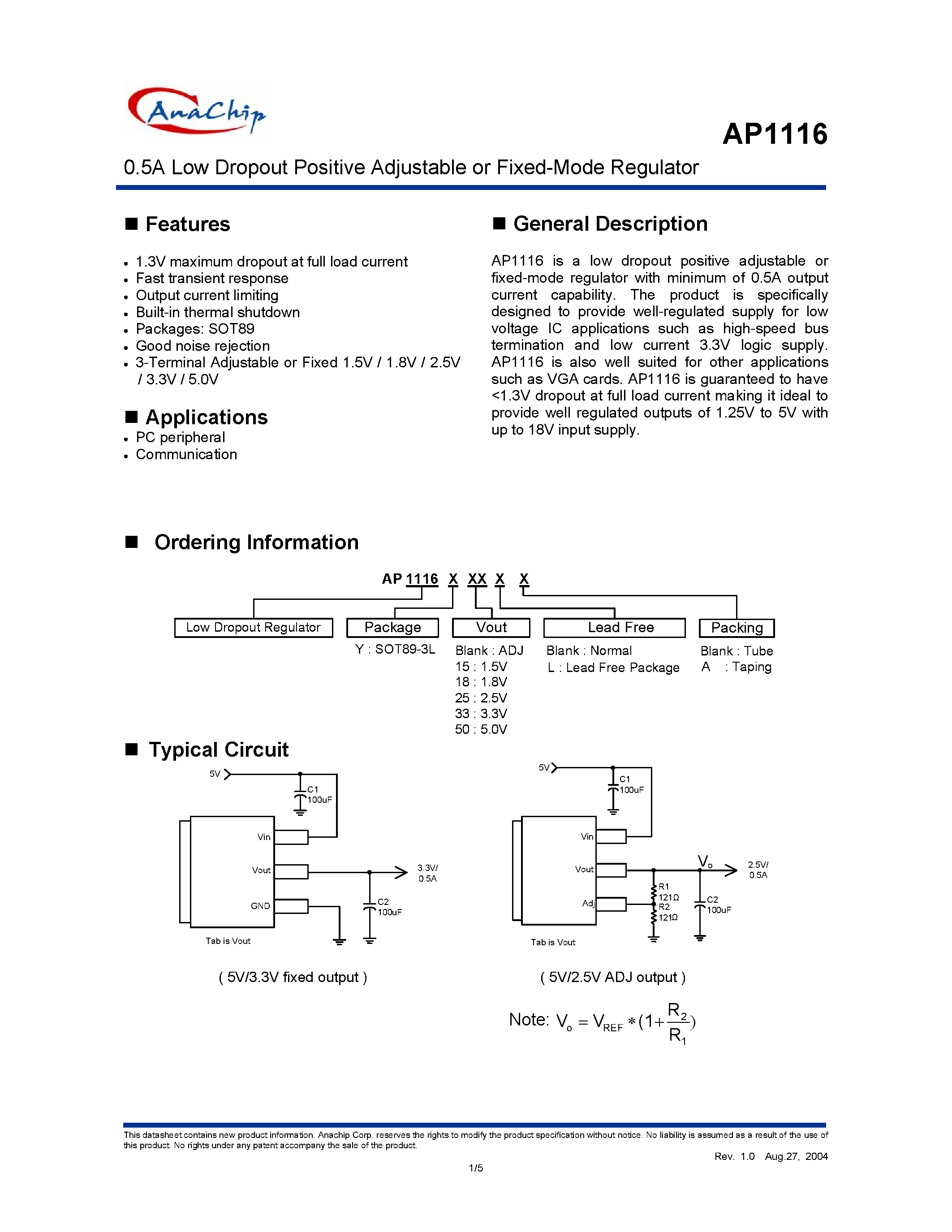 Datasheet AP1116Y50L page 1 Datasheet AP1116Y50L - 0.5A Low Dropout Positive Adjustable or Fixed-Mode Regulator page 1