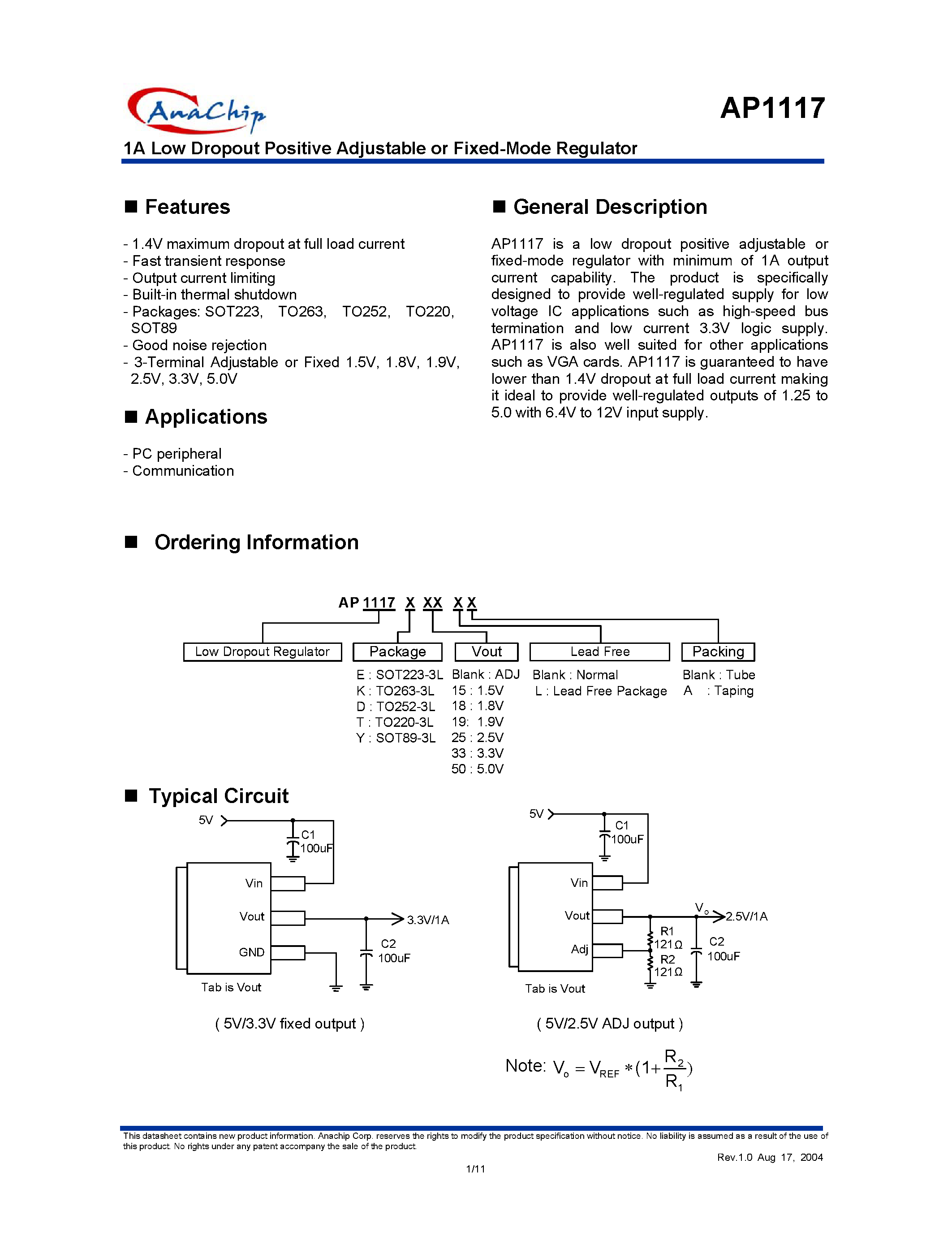 Datasheet AP1117-1.9 - 1A Low Dropout Positive Adjustable or Fixed-Mode Regulator page 1