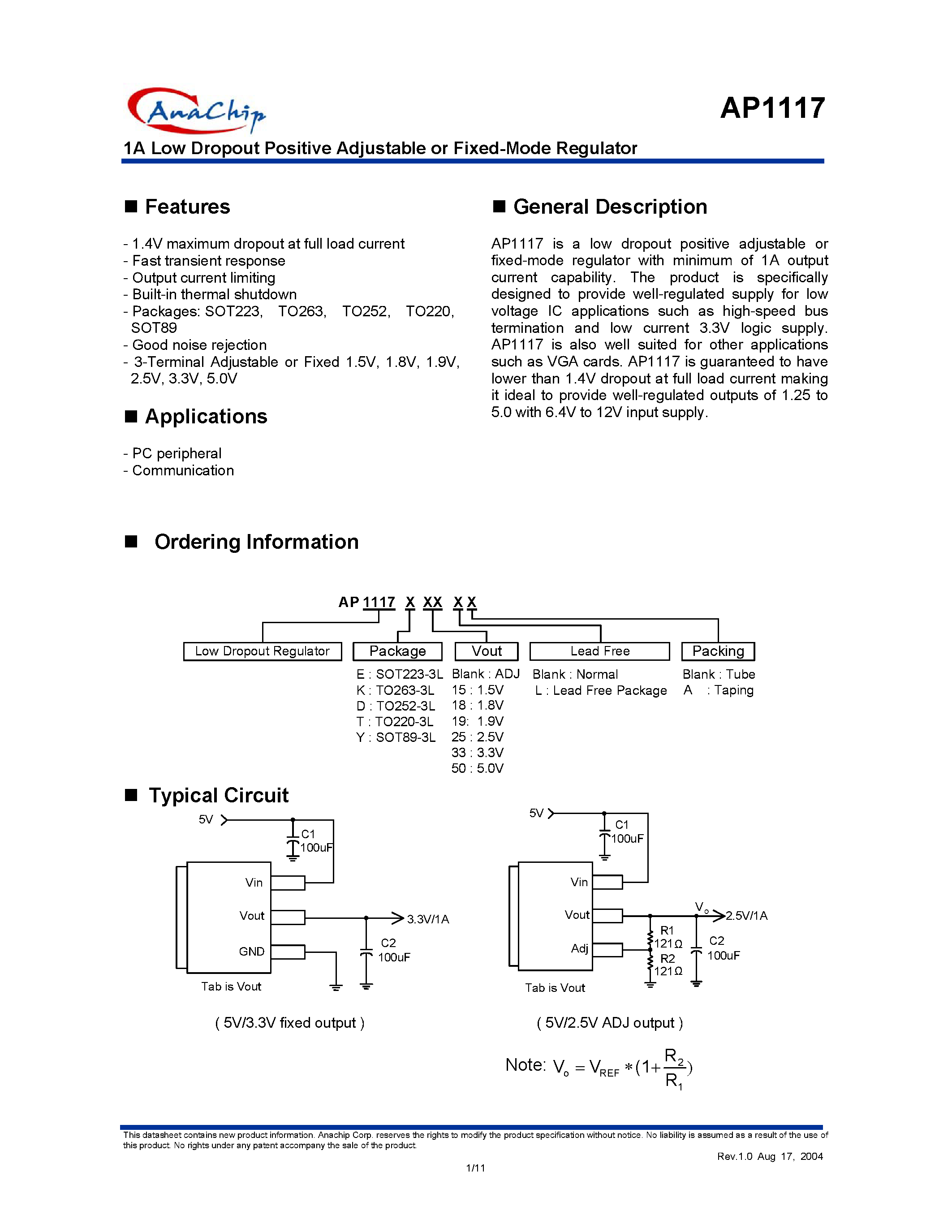 Datasheet AP1117T-L page 1 Datasheet AP1117T-L - 1A Low Dropout Positive Adjustable or Fixed-Mode Regulator page 1