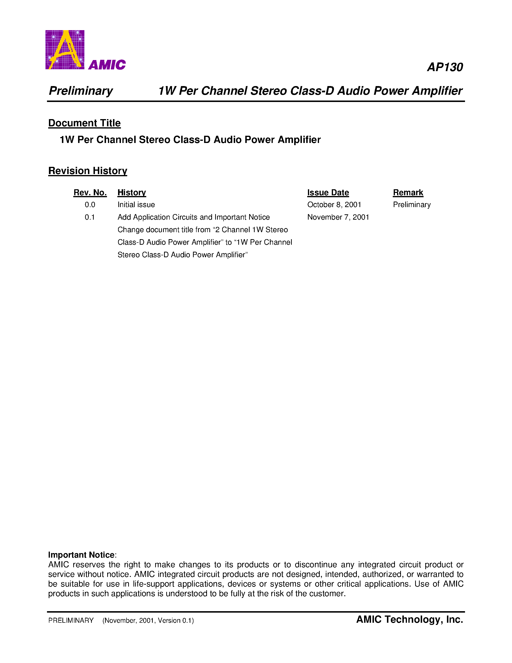 Datasheet AP130 page 1 Datasheet AP130 - 1W Per Channel Stereo Class-D Audio Power Amplifier page 1