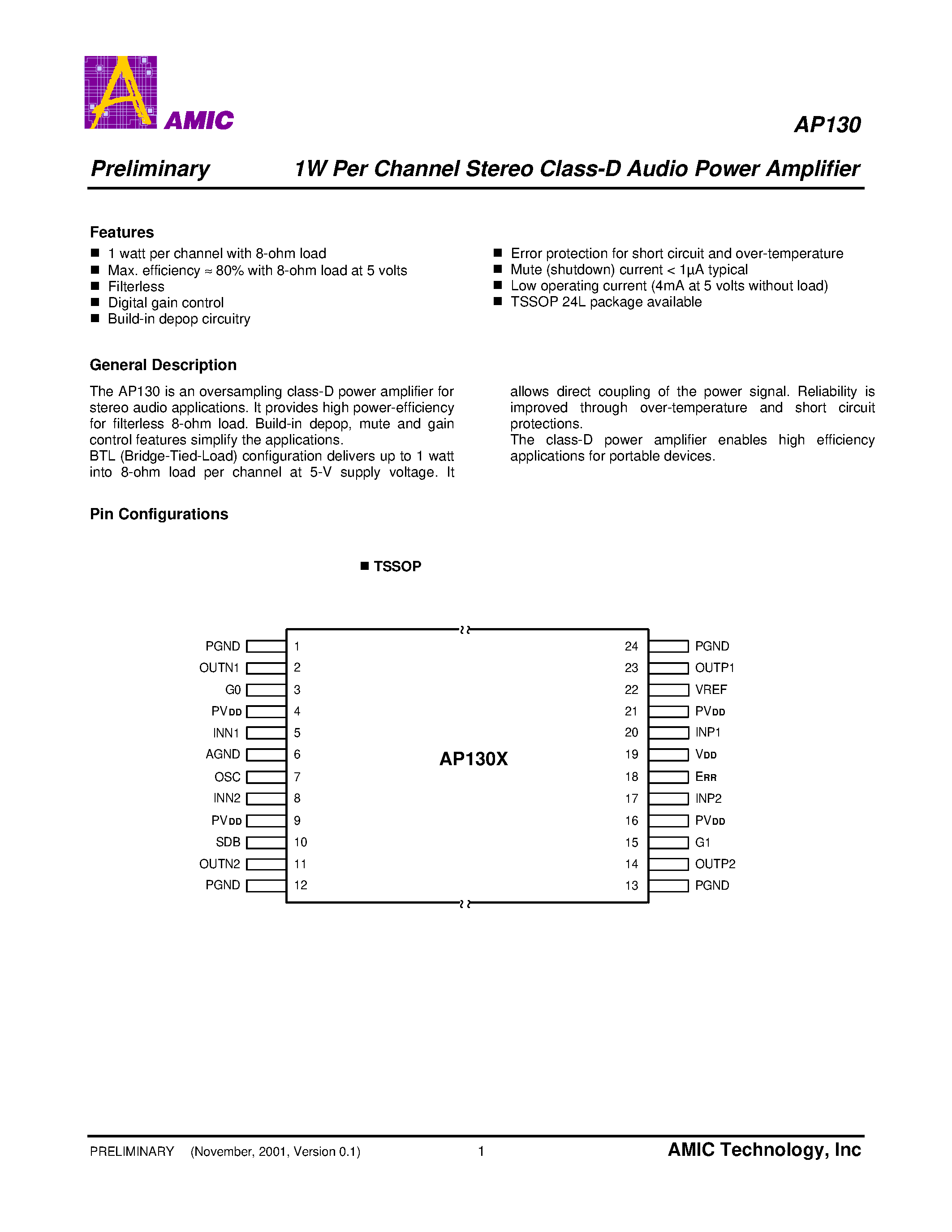 Даташит AP130X - 1W Per Channel Stereo Class-D Audio Power Amplifier страница 2