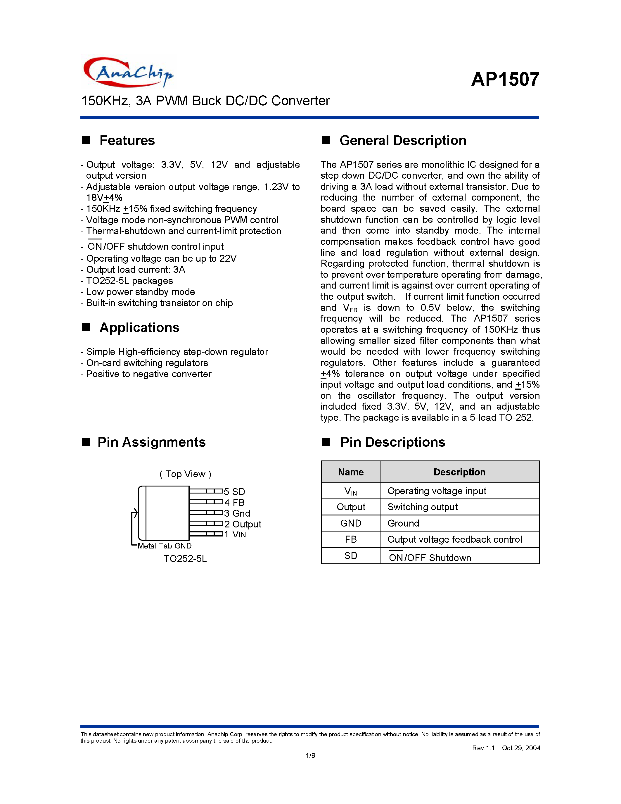 Даташит на микросхему AP1507 страница 1 Даташит AP1507 - 150KHz/ 3A PWM Buck DC/DC Converter страница 1