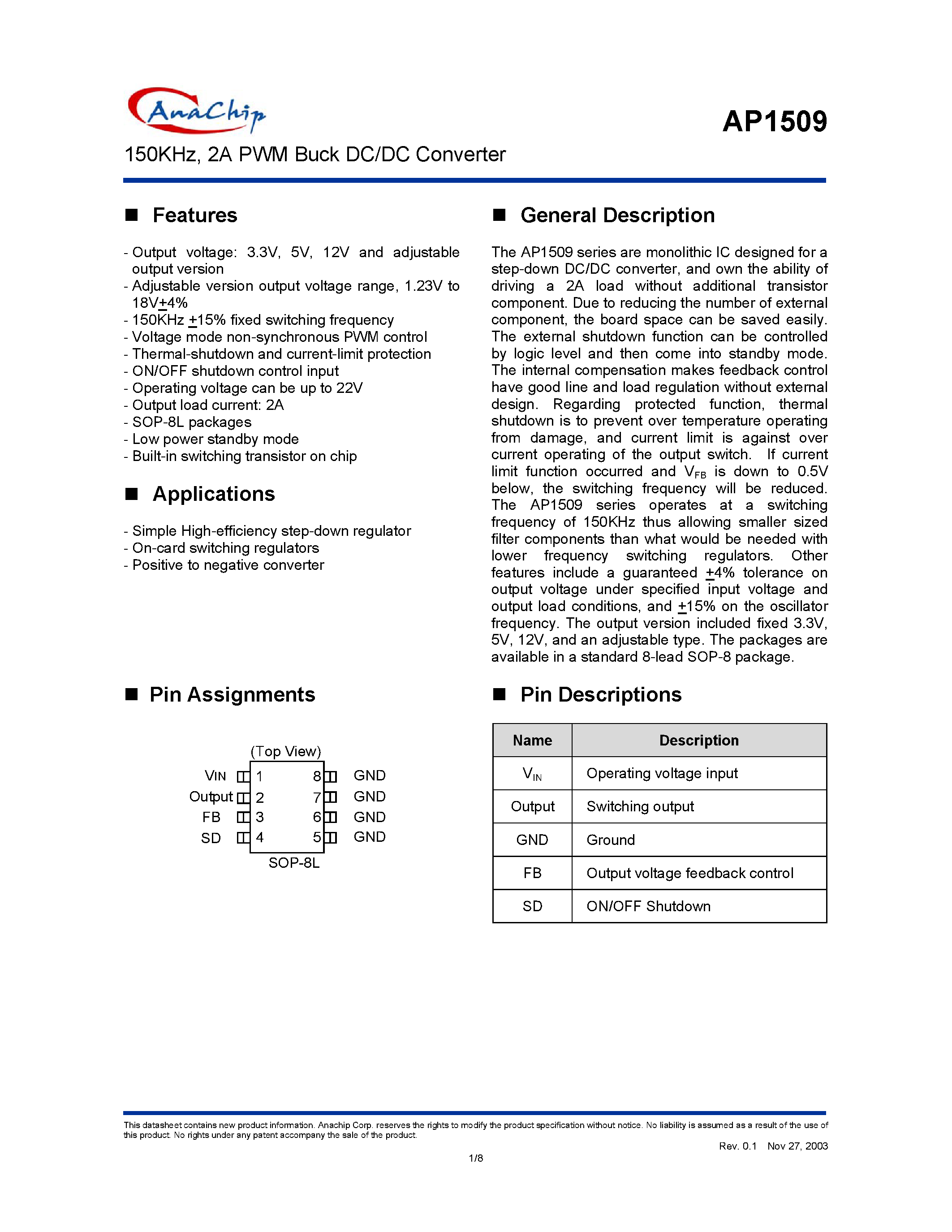 Datasheet AP1509-3.3V - 150KHz/ 2A PWM Buck DC/DC Converter page 1