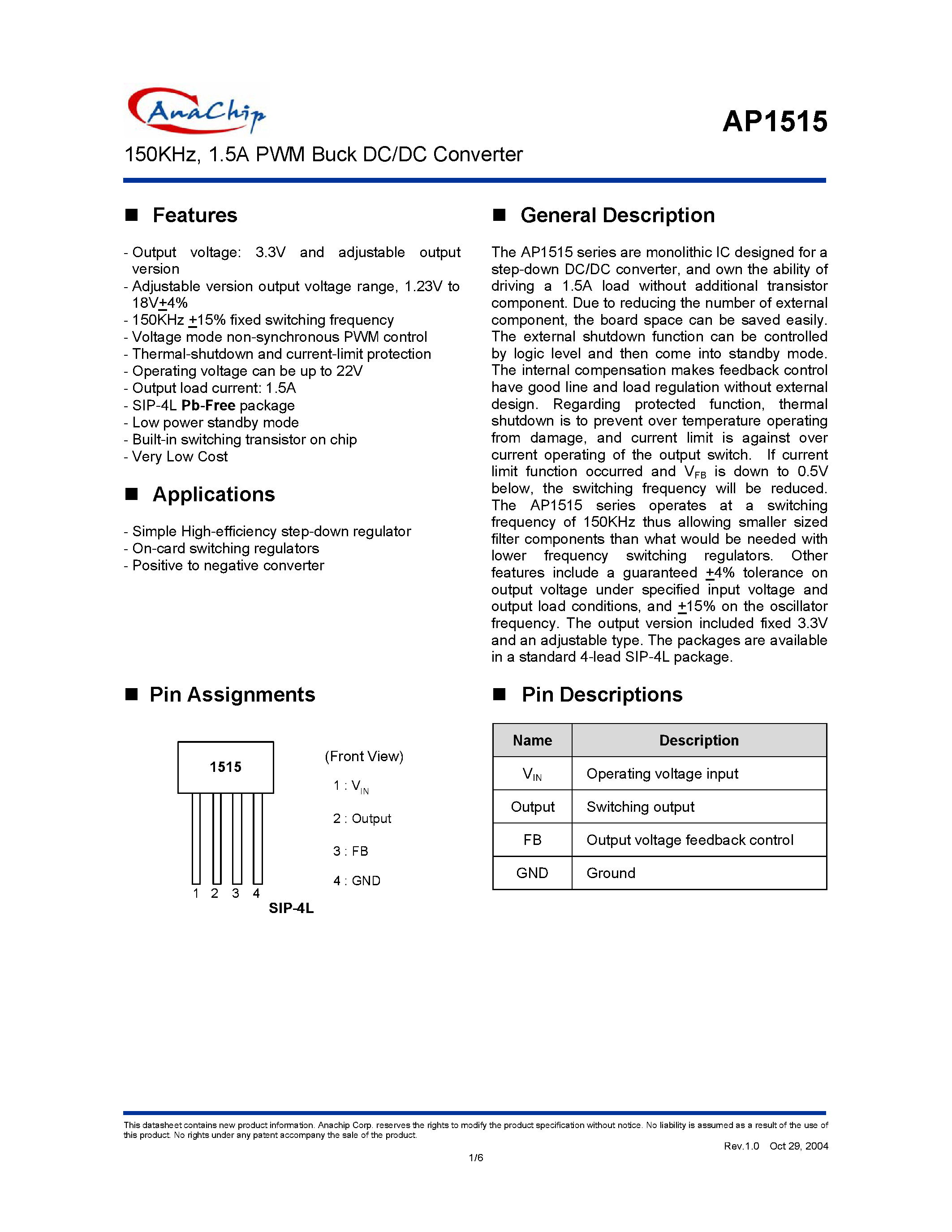 Datasheet AP1515 - 150KHz/ 1.5A PWM Buck DC/DC Converter page 1