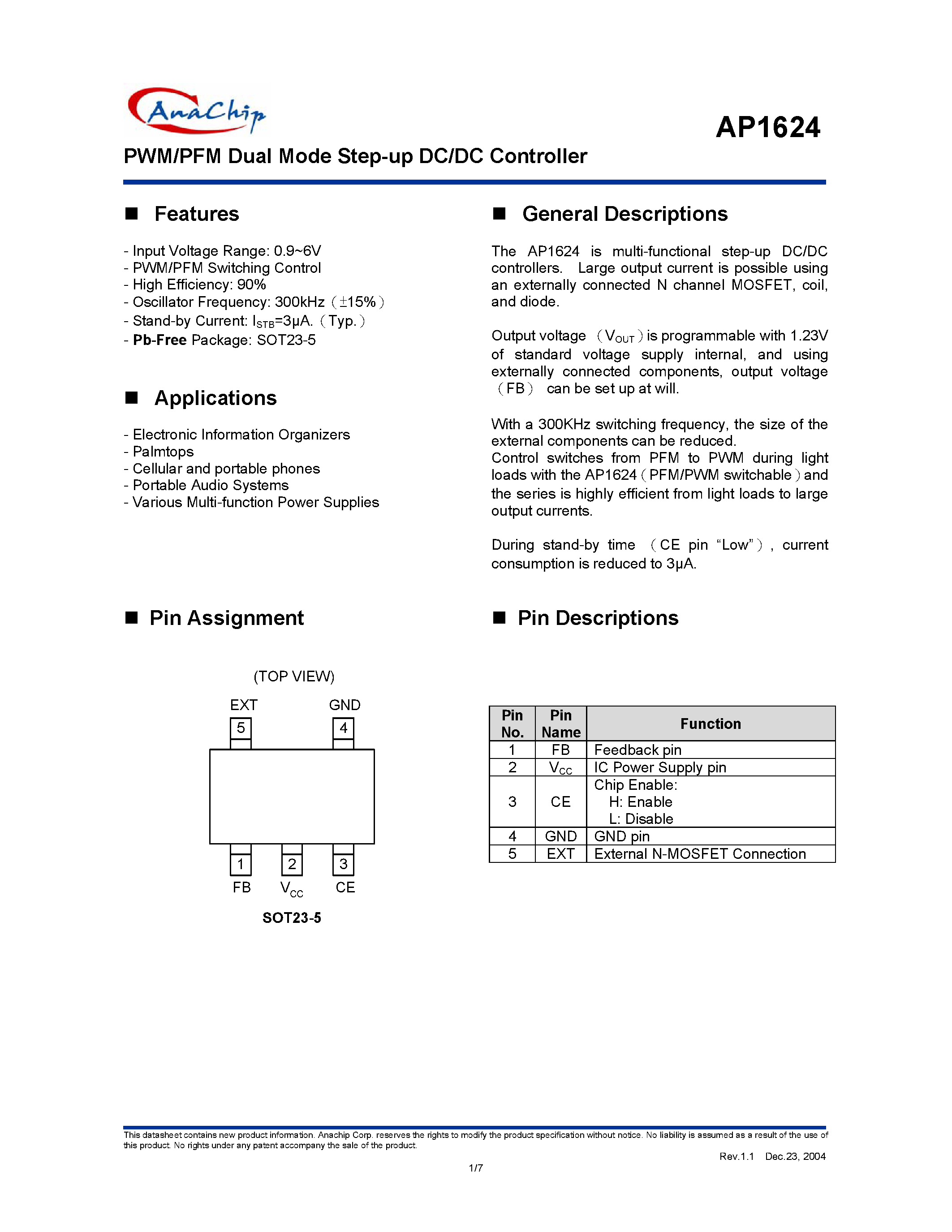Даташит на микросхему AP1624WA страница 1 Даташит AP1624WA - PWM/PFM Dual Mode Step-up DC/DC Controller страница 1
