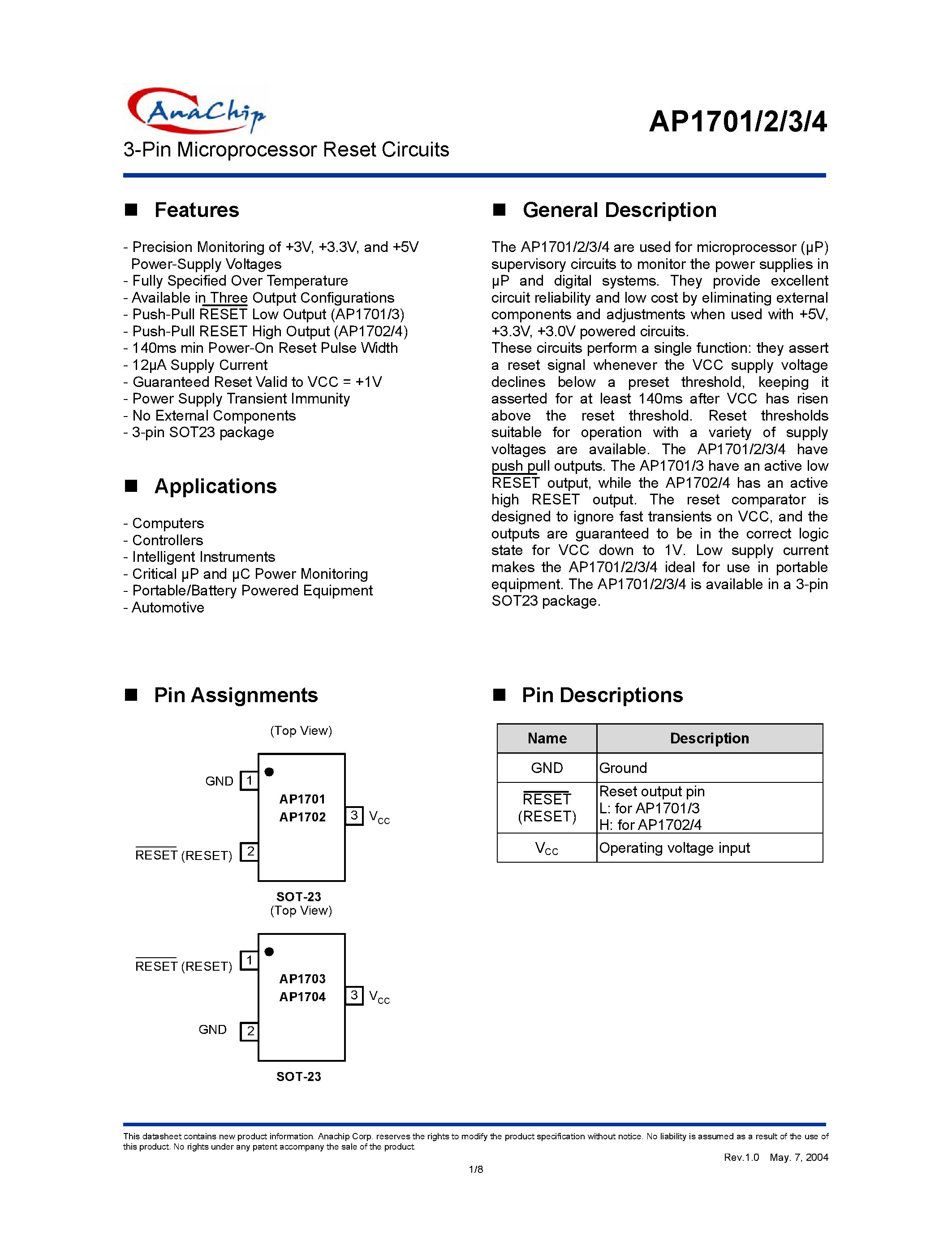 Datasheet AP1702BW page 1 Datasheet AP1702BW - 3-Pin Microprocessor Reset Circuits page 1
