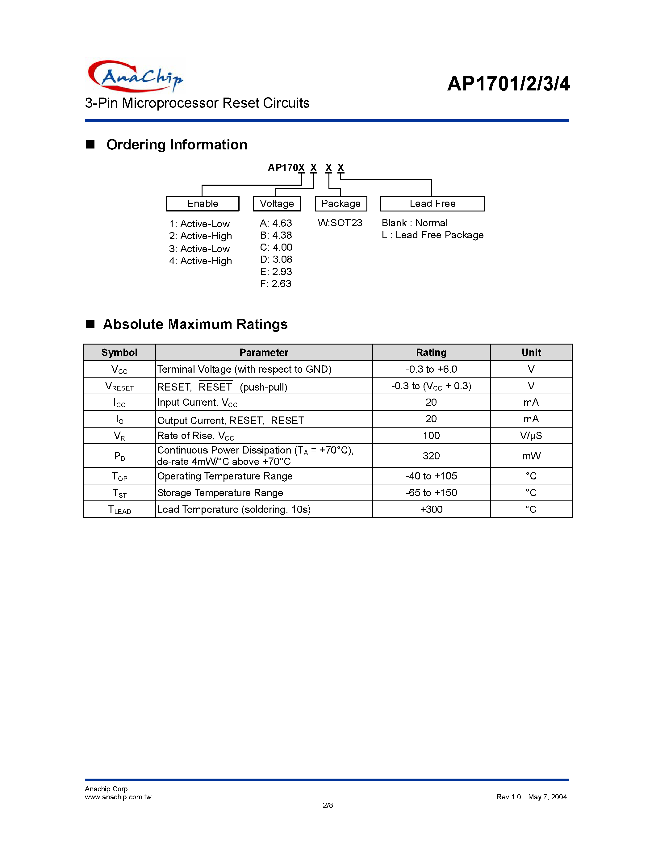 Datasheet AP1702EWL page 2 Datasheet AP1702EWL - 3-Pin Microprocessor Reset Circuits page 2
