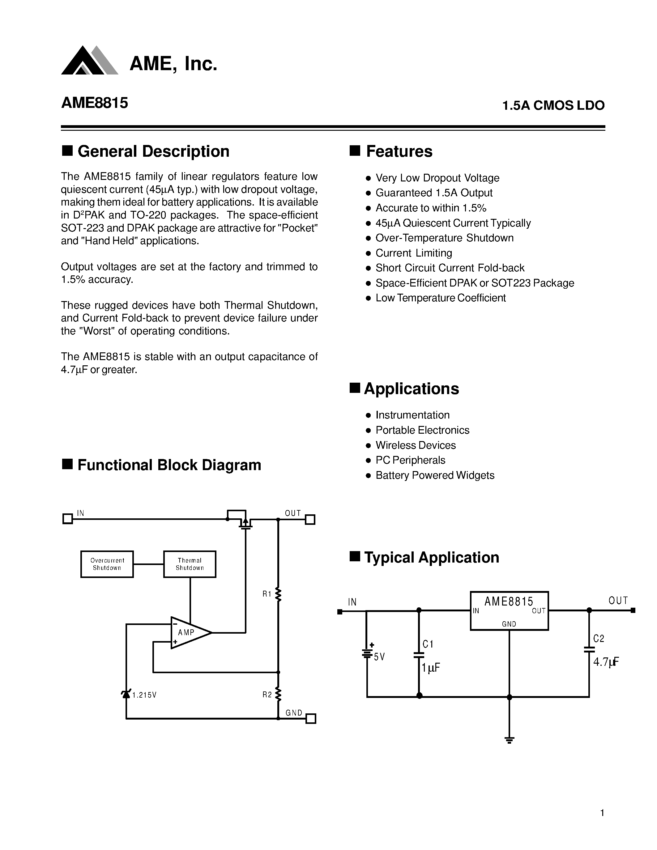 Даташит на микросхему AME8815BEBT150 страница 1 Даташит AME8815BEBT150 - 1.5A CMOS LDO страница 1