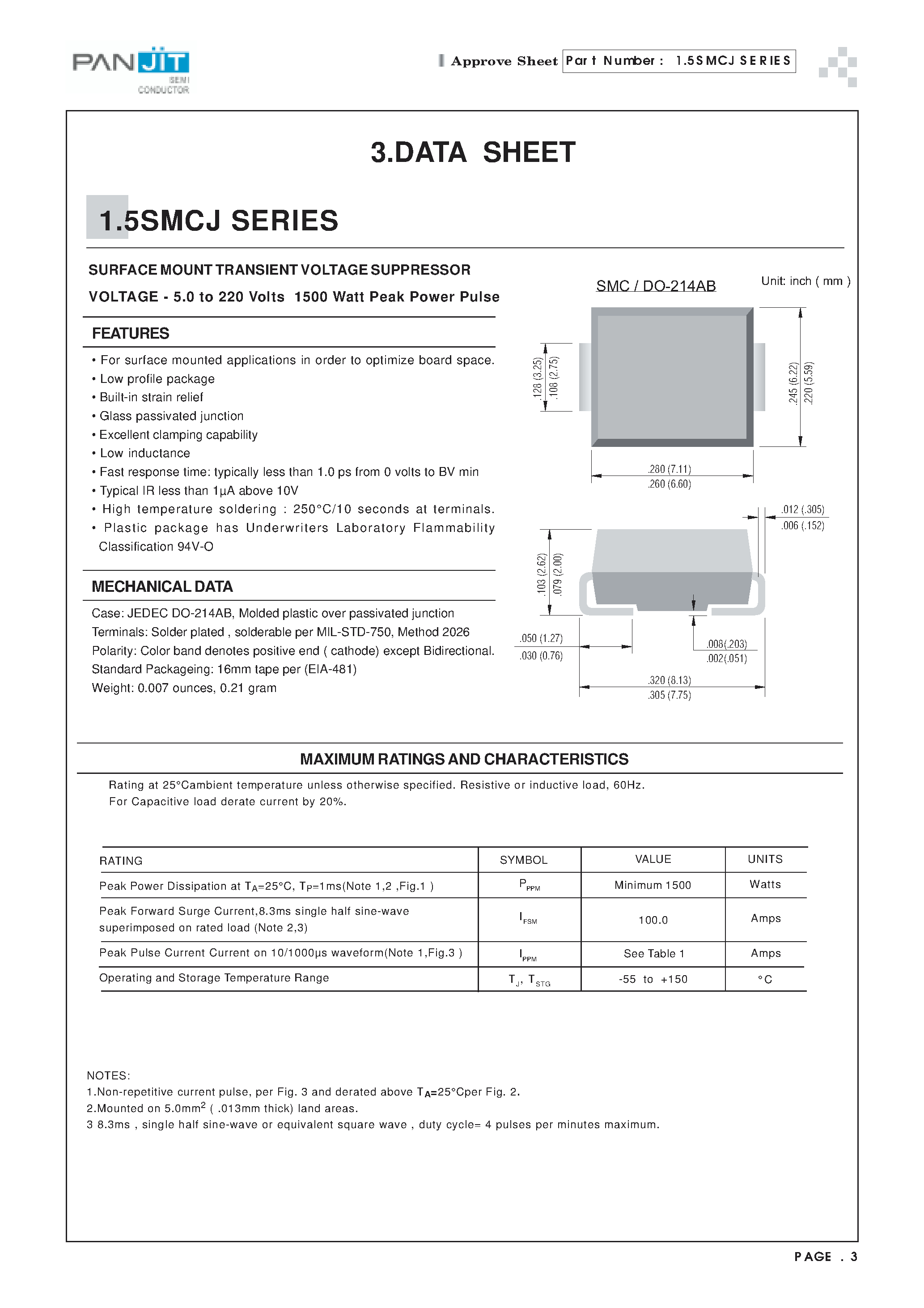 Datasheet 1.5SMCJ8.5 - SURFACE MOUNT TRANSIENT (VOLTAGE SUPPRESSOR VOLTAGE - 5.0 to 220 Volts 1500 Watt Peak Power Pulse) page 1