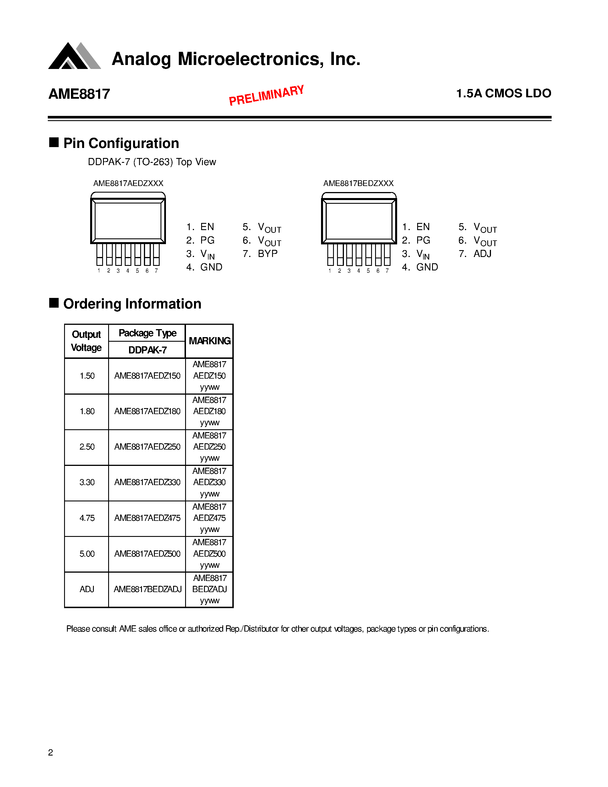 Даташит на микросхему AME8817AEDZ330 страница 2 Даташит AME8817AEDZ330 - 1.5A CMOS LDO страница 2