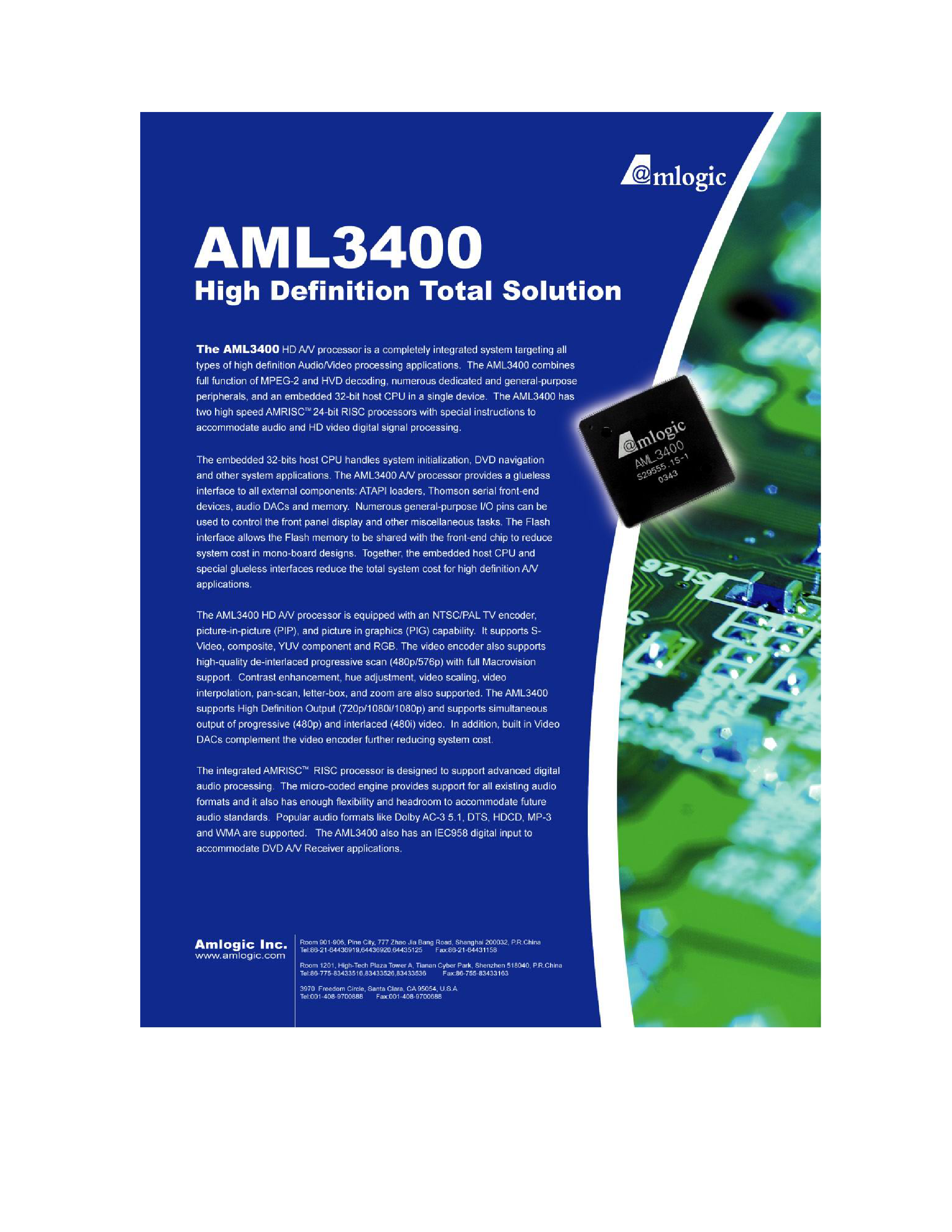 Datasheet AML3400 - HIGH DEFINITION TOTAL SOLUTION HD A/V PROCESSOR page 1