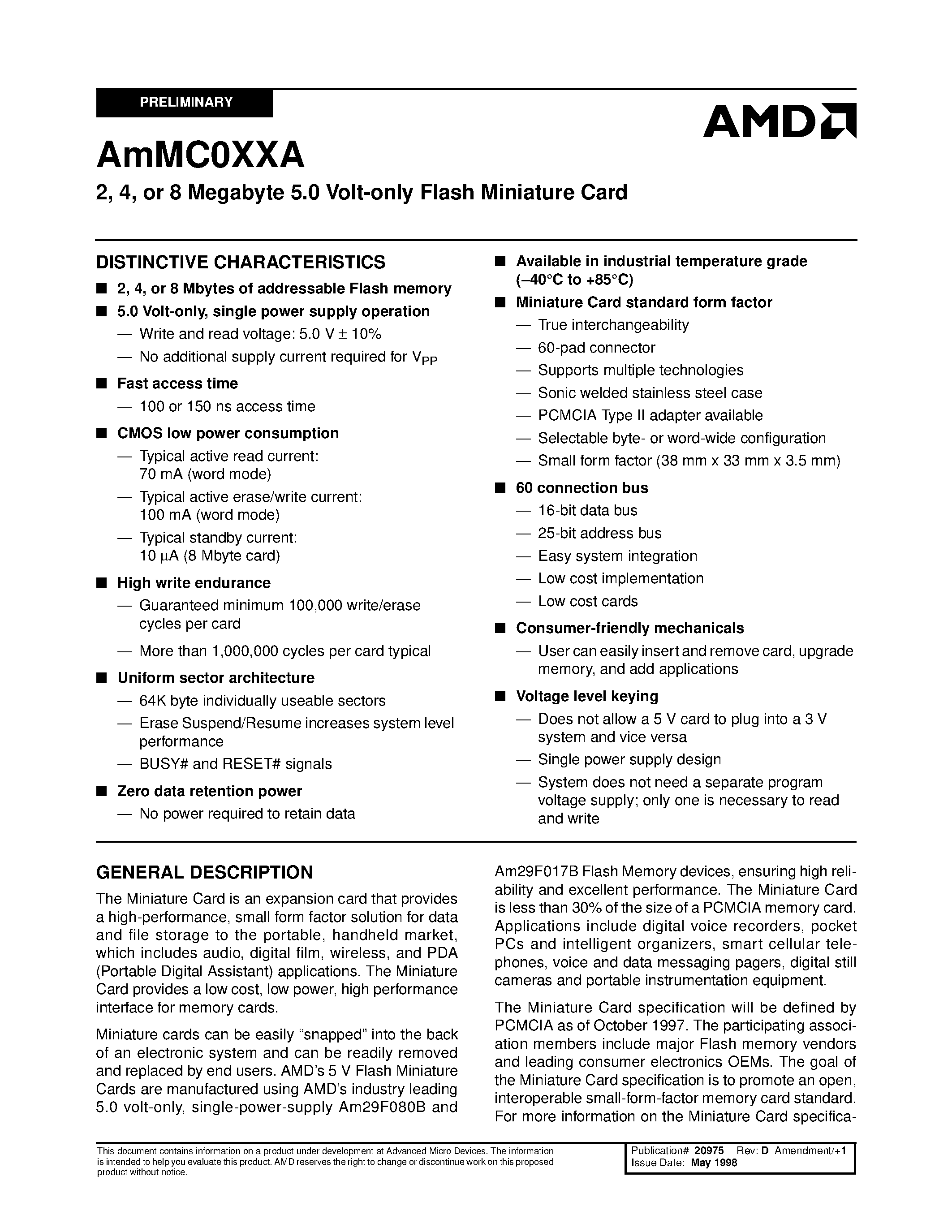 Datasheet AmMC002AWP - 2/ 4/ or 8 Megabyte 5.0 Volt-only Flash Miniature Card page 1