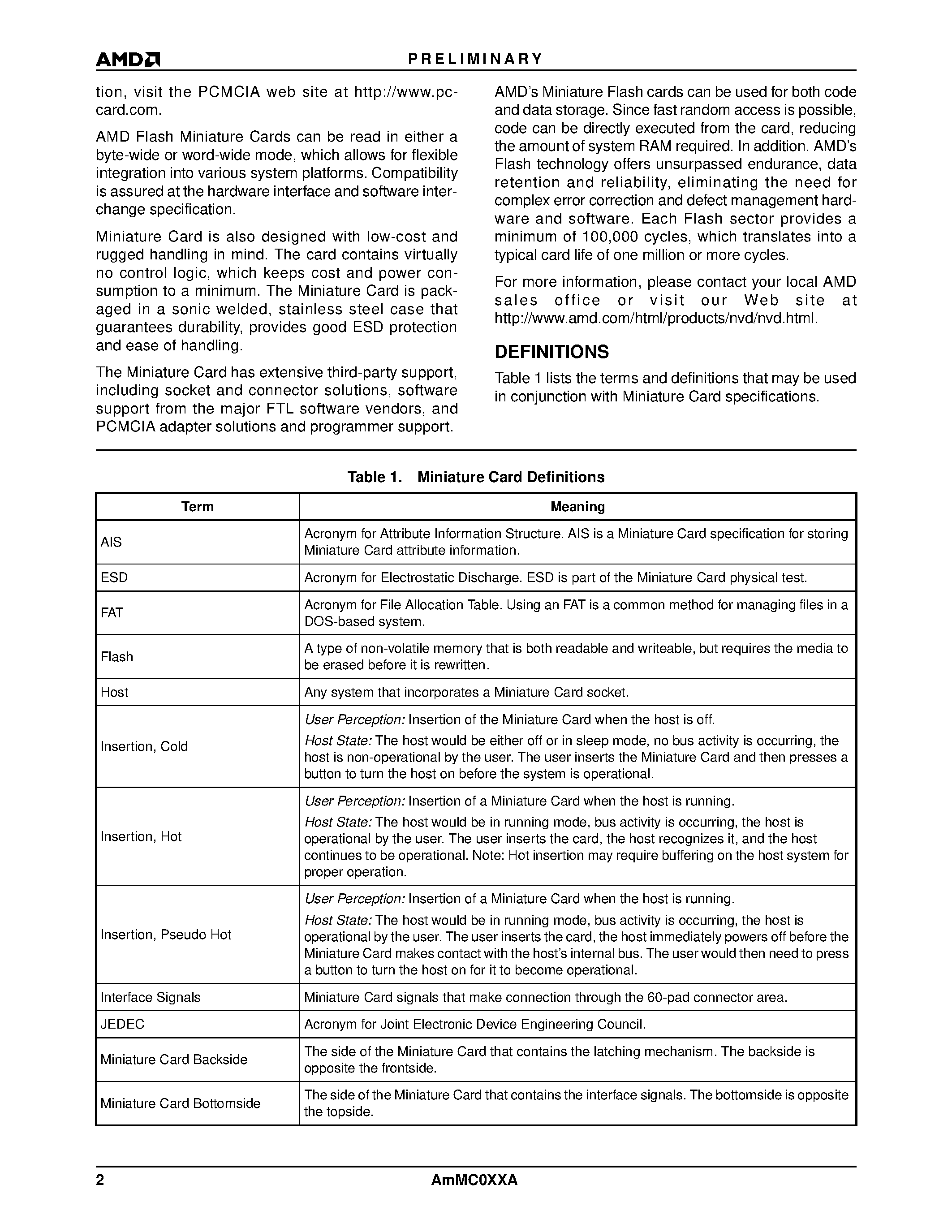 Datasheet AmMC002AWP - 2/ 4/ or 8 Megabyte 5.0 Volt-only Flash Miniature Card page 2