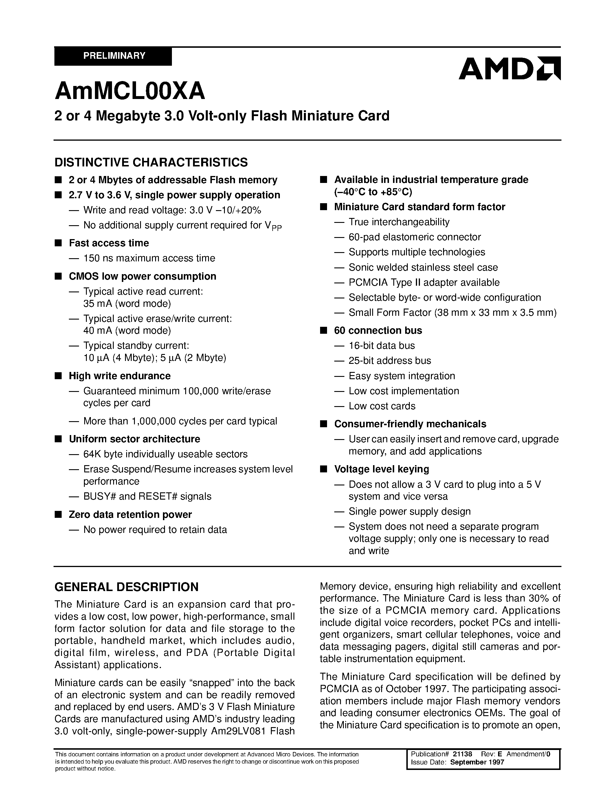 Datasheet AmMCL002AWP - 2 or 4 Megabyte 3.0 Volt-only Flash Miniature Card page 1