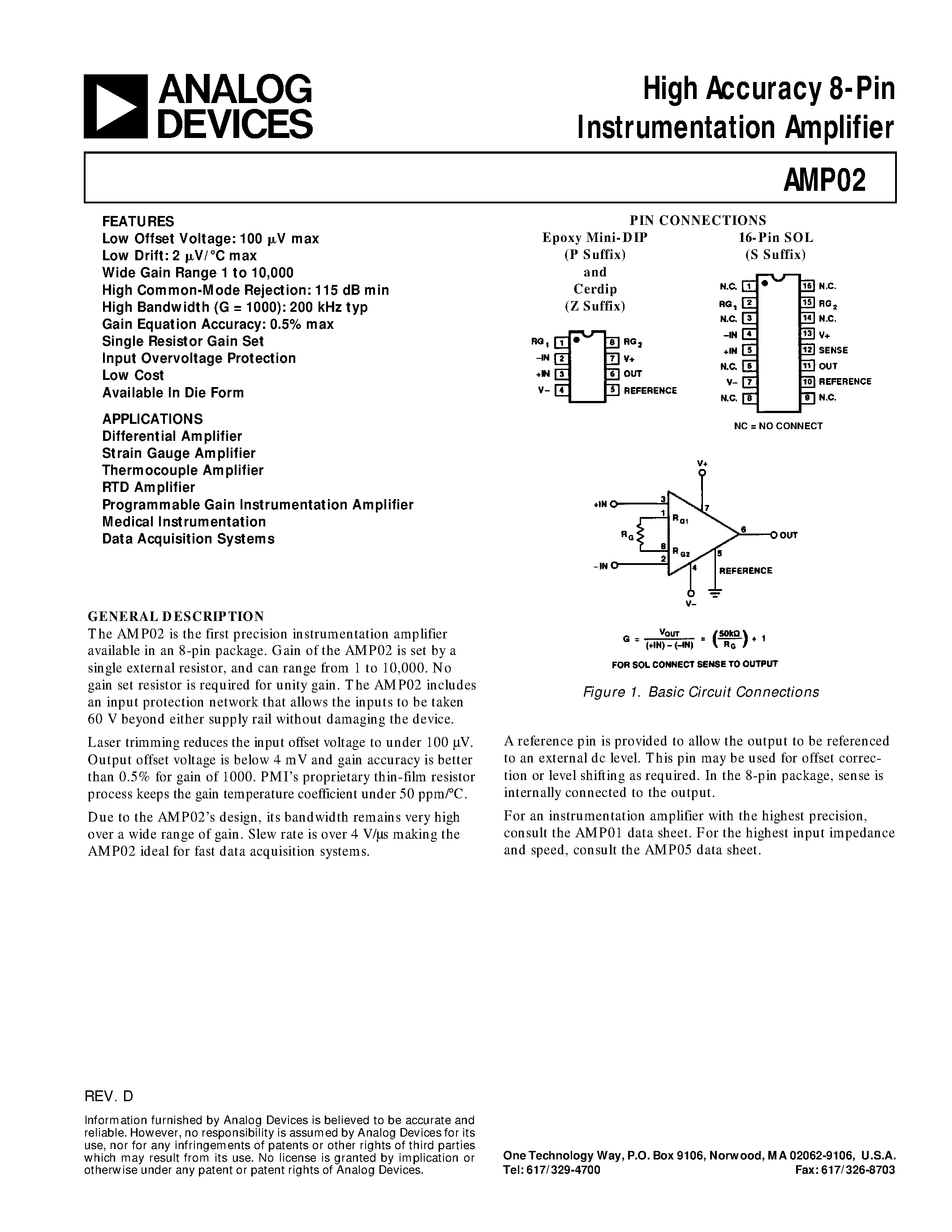 Даташит на микросхему AMP02GBC страница 1 Даташит AMP02GBC - High Accuracy 8-Pin Instrumentation Amplifier страница 1