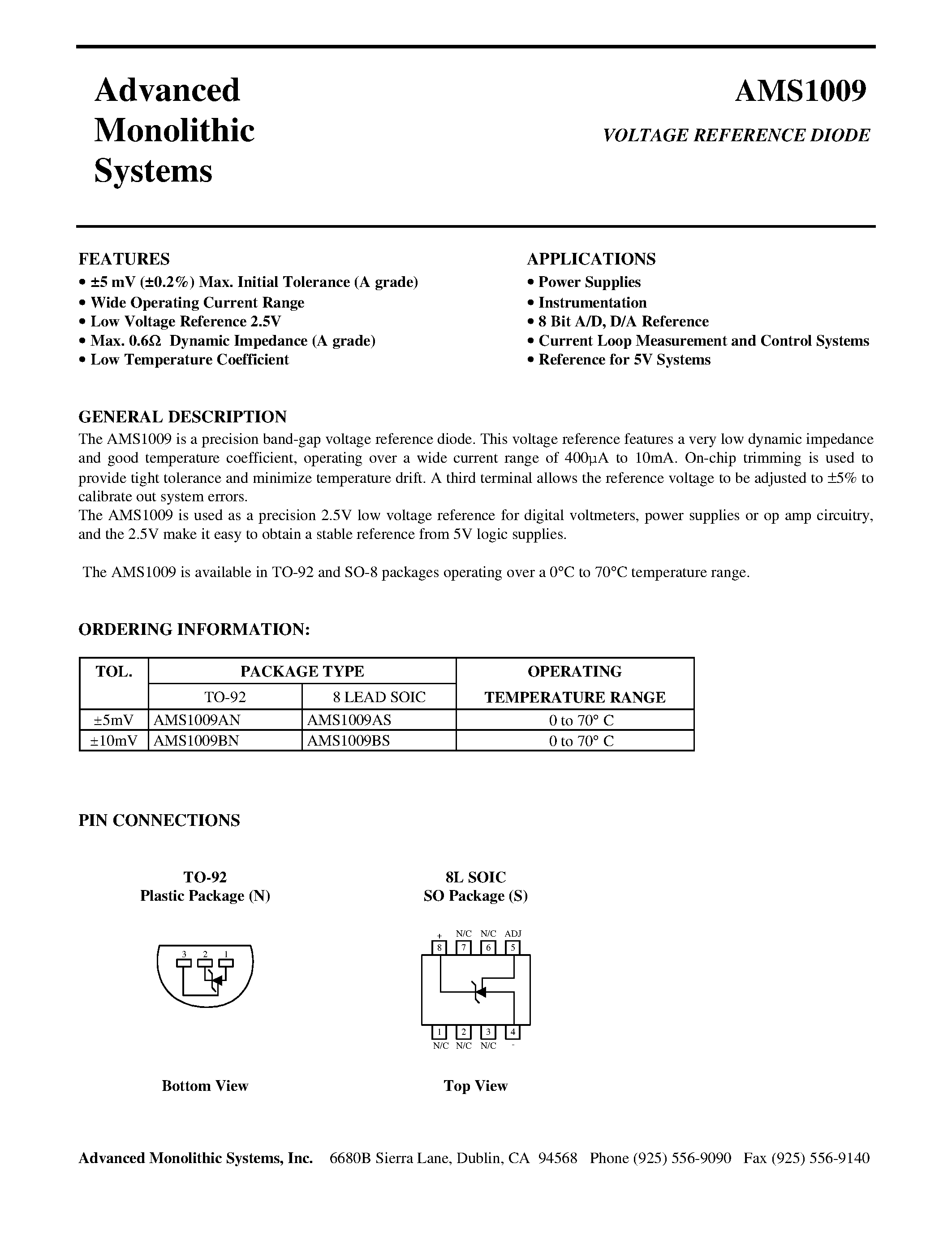 Datasheet AMS1009A page 1 Datasheet AMS1009A - VOLTAGE REFERENCE DIODE page 1
