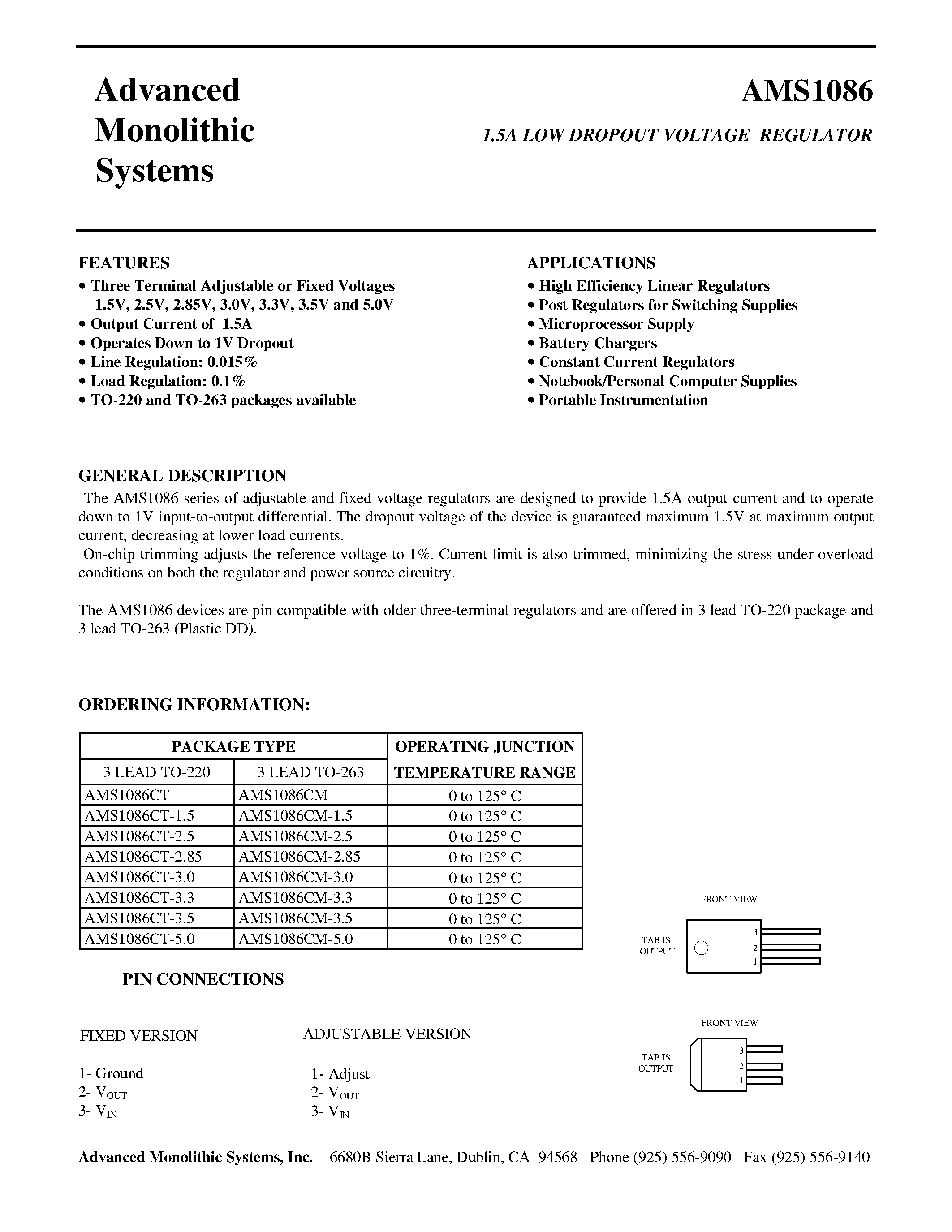 Даташит AMS1086CT-15 - 1.5A LOW DROPOUT VOLTAGE REGULATOR страница 1