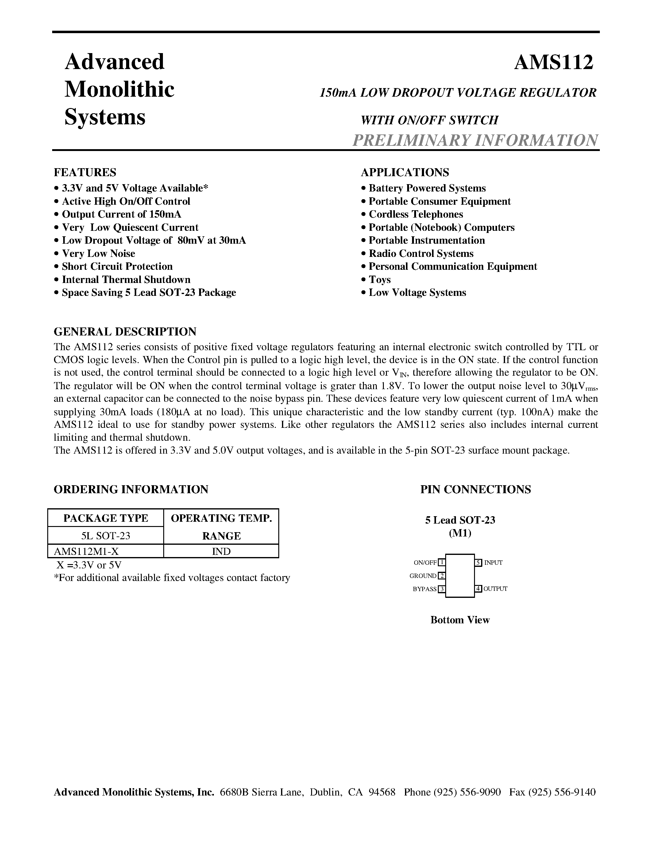 Datasheet AMS112M1-5 - 150mA LOW DROPOUT VOLTAGE REGULATOR page 1