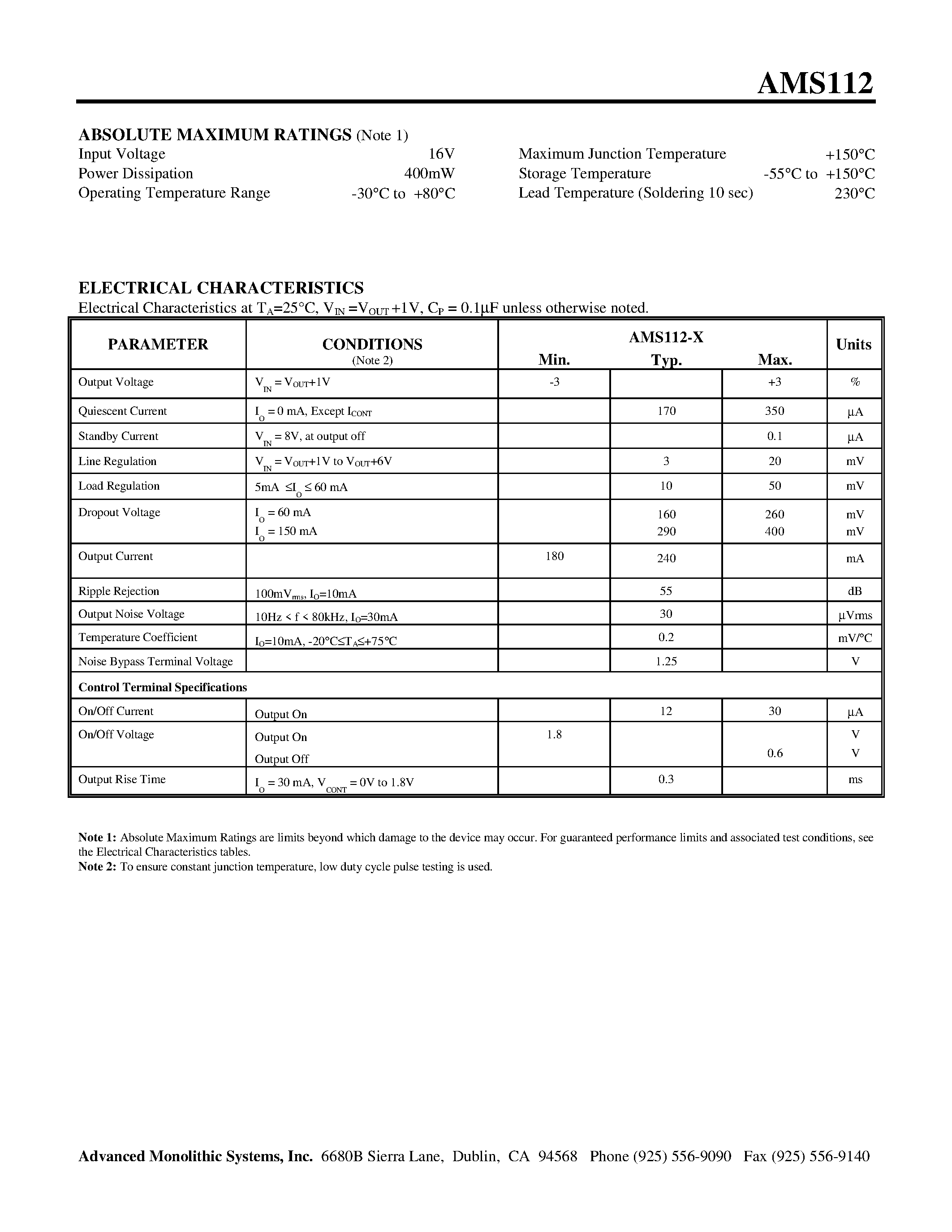 Datasheet AMS112M1-5 - 150mA LOW DROPOUT VOLTAGE REGULATOR page 2