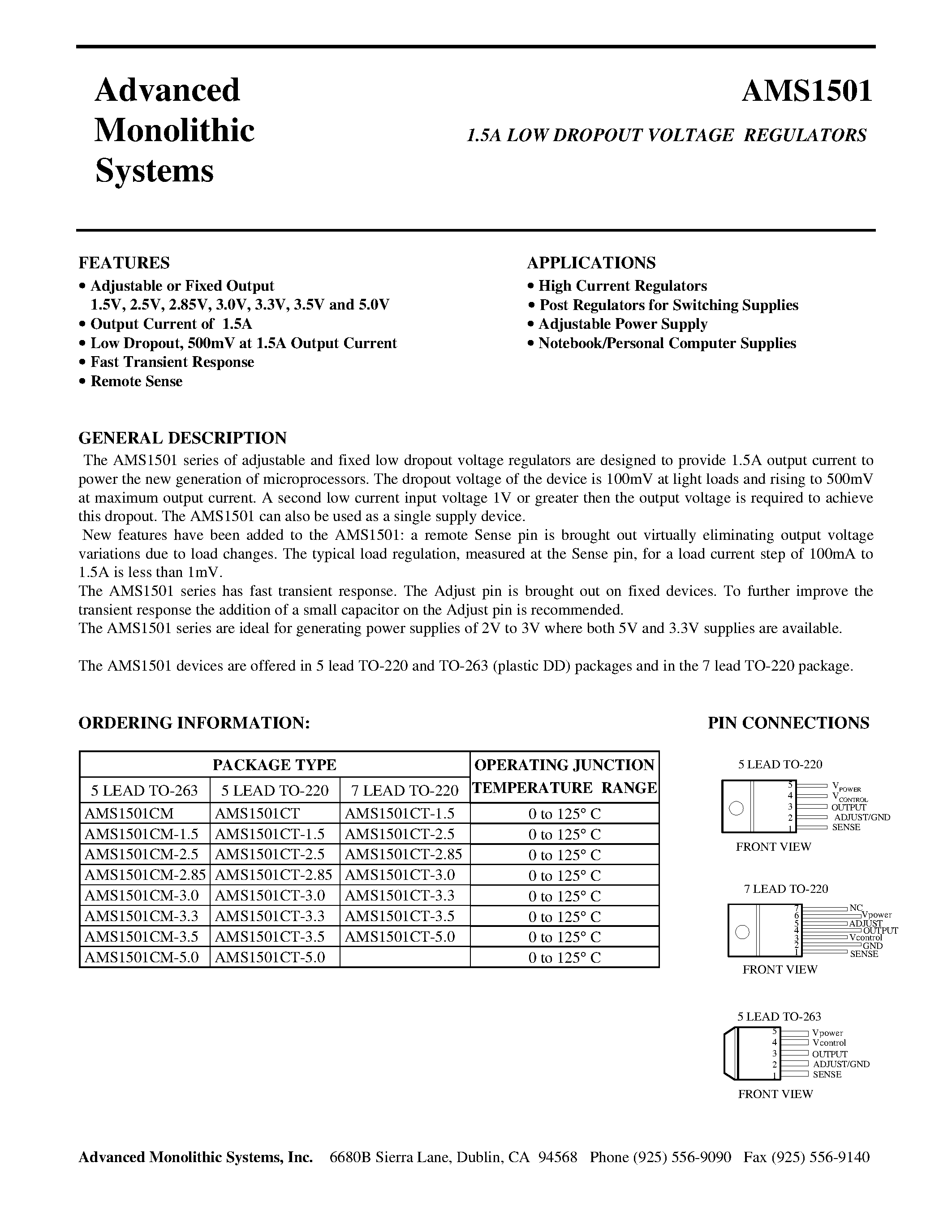 Даташит AMS1501CT-35 - 1.5A LOW DROPOUT VOLTAGE REGULATORS страница 1