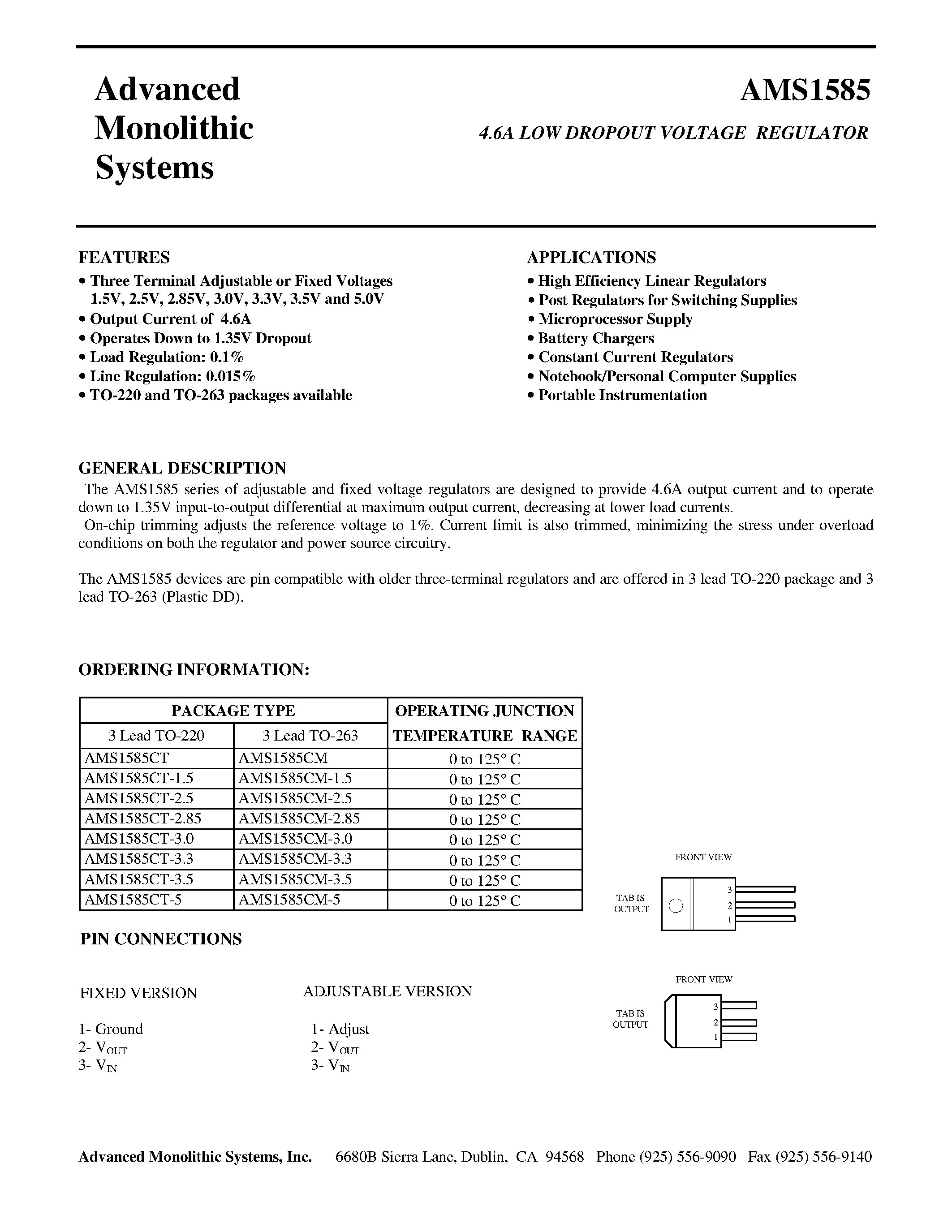 Datasheet AMS1585CM-30 - 4.6A LOW DROPOUT VOLTAGE REGULATOR page 1