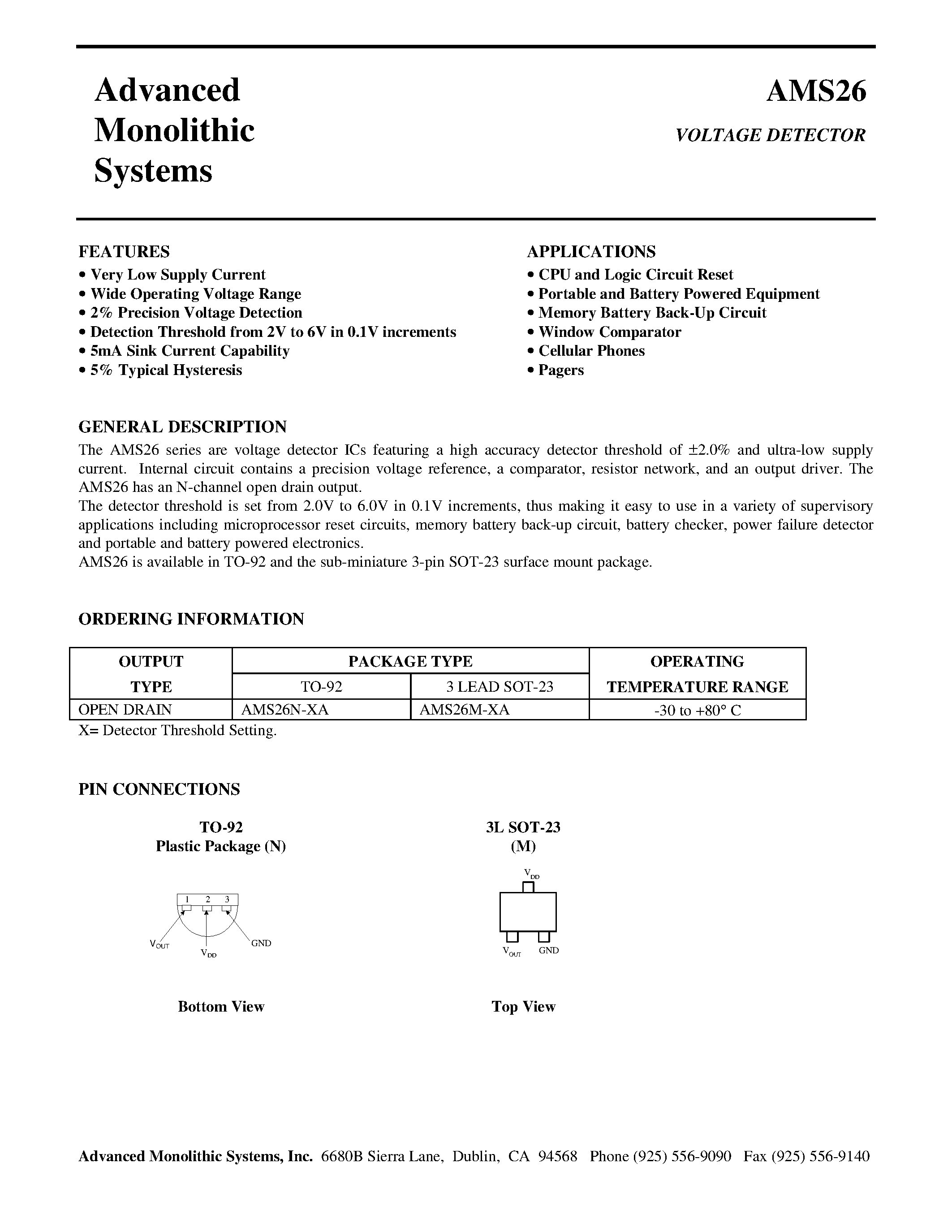 Datasheet AMS26N-A page 1 Datasheet AMS26N-A - VOLTAGE DETECTOR page 1