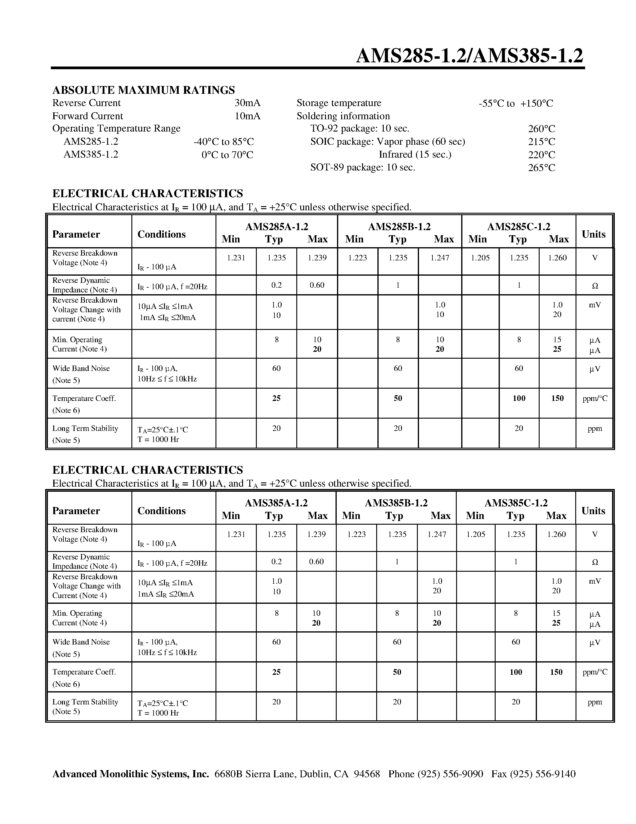 Datasheet AMS285-12AL page 2 Datasheet AMS285-12AL - MICROPOWER VOLTAGE REFERENCE DIODE page 2
