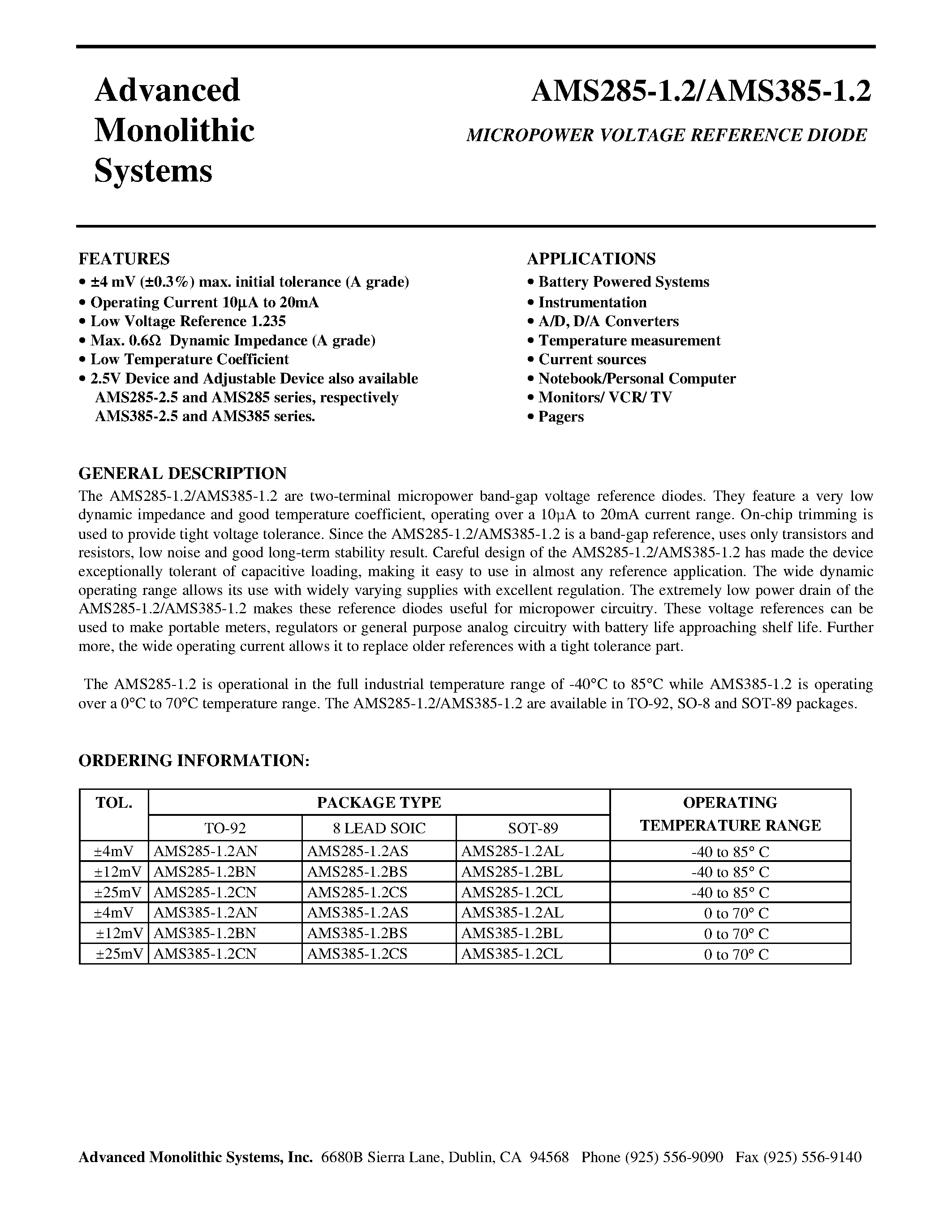 Datasheet AMS285-12CN page 1 Datasheet AMS285-12CN - MICROPOWER VOLTAGE REFERENCE DIODE page 1