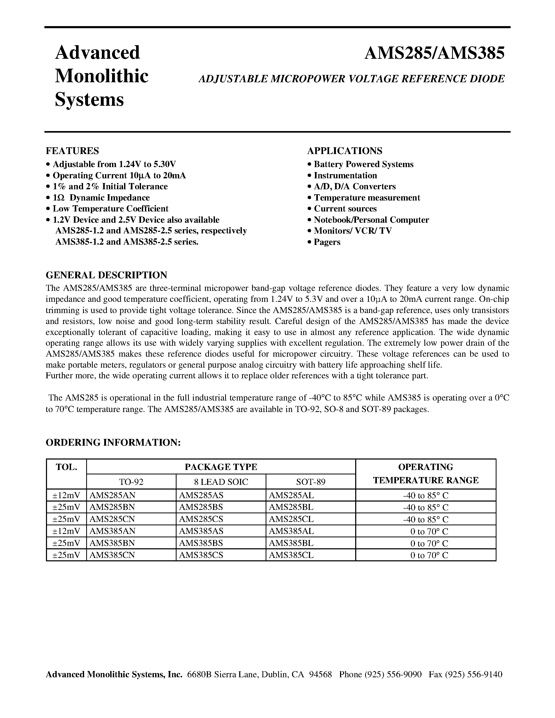 Datasheet AMS285BS - ADJUSTABLE MICROPOWER VOLTAGE REFERENCE DIODE page 1