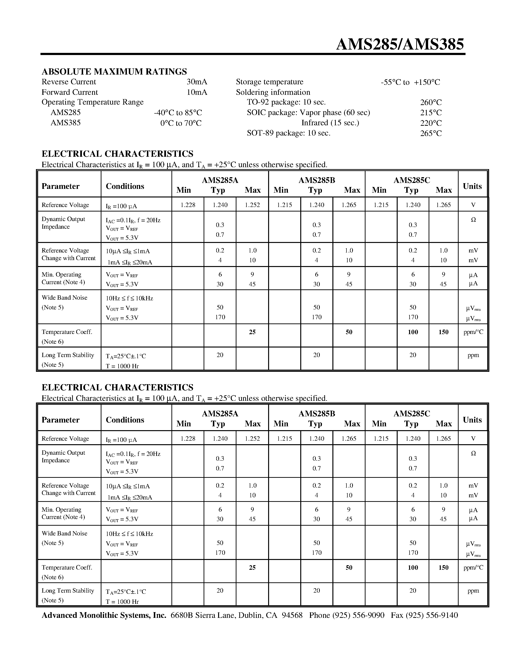 Datasheet AMS285CL - ADJUSTABLE MICROPOWER VOLTAGE REFERENCE DIODE page 2