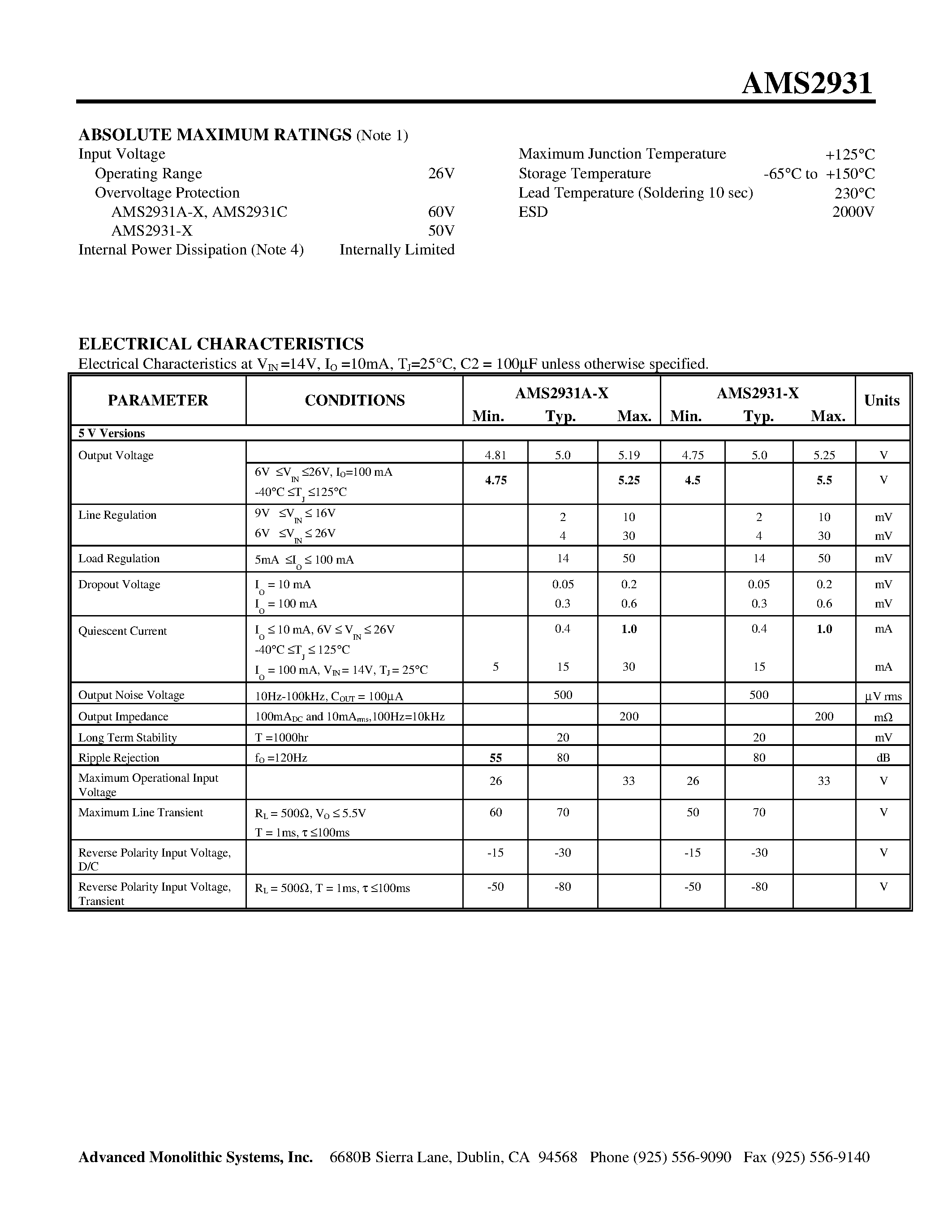 Datasheet AMS2931N-X page 2 Datasheet AMS2931N-X - 100mA LOW DROPOUT VOLTAGE REGULATOR page 2