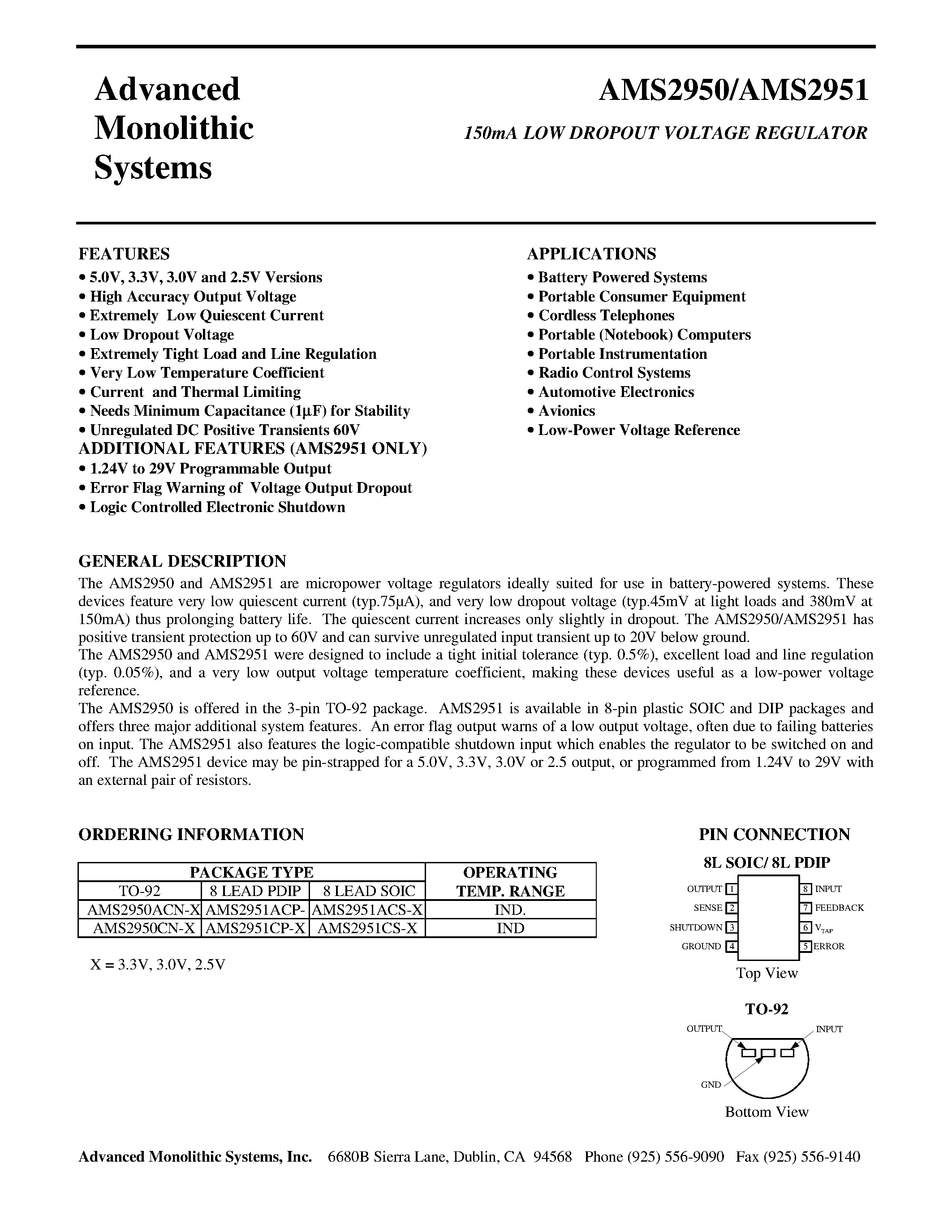 Даташит на микросхему AMS2951CP-X страница 1 Даташит AMS2951CP-X - 150mA LOW DROPOUT VOLTAGE REGULATOR страница 1