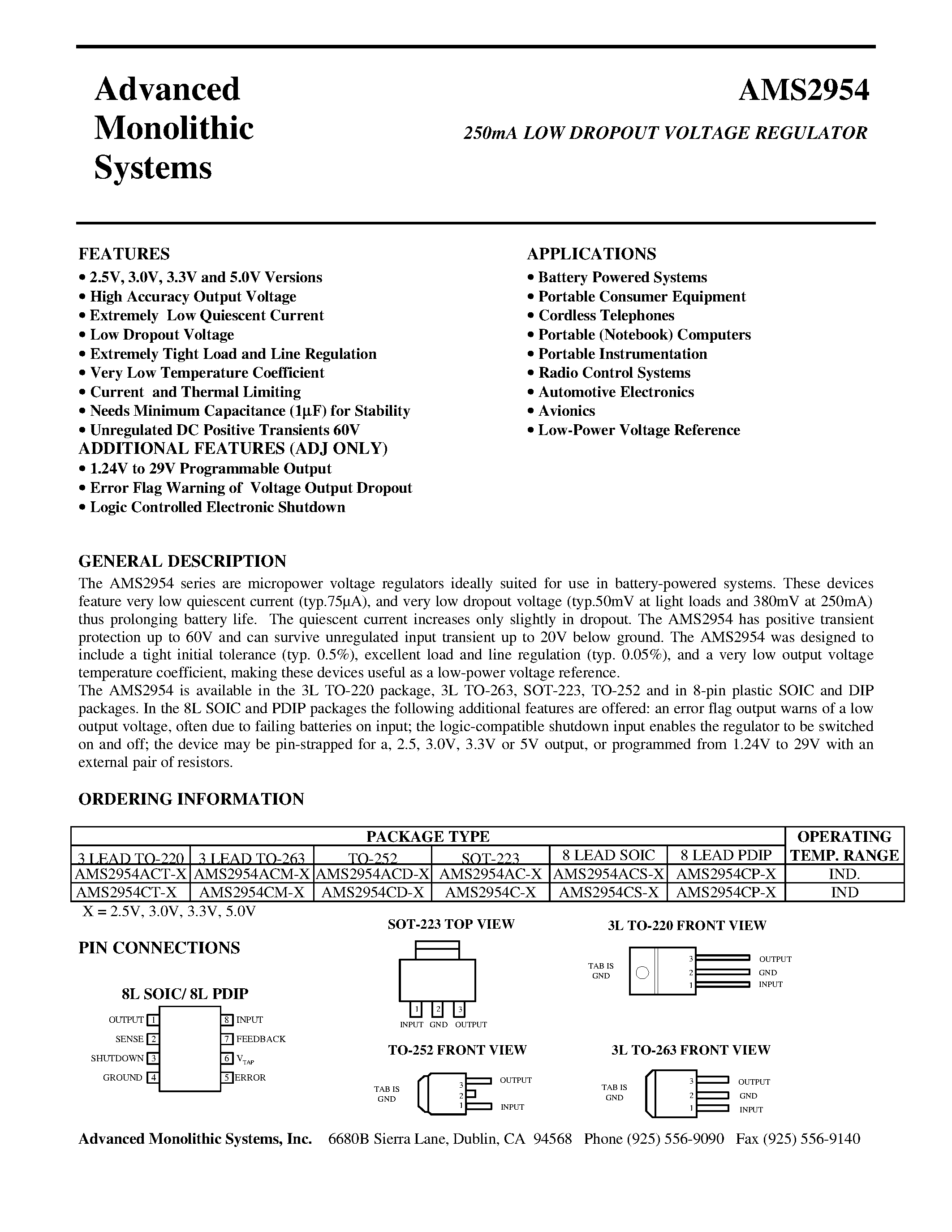 Datasheet AMS2954ACM-X page 1 Datasheet AMS2954ACM-X - 250mA LOW DROPOUT VOLTAGE REGULATOR page 1