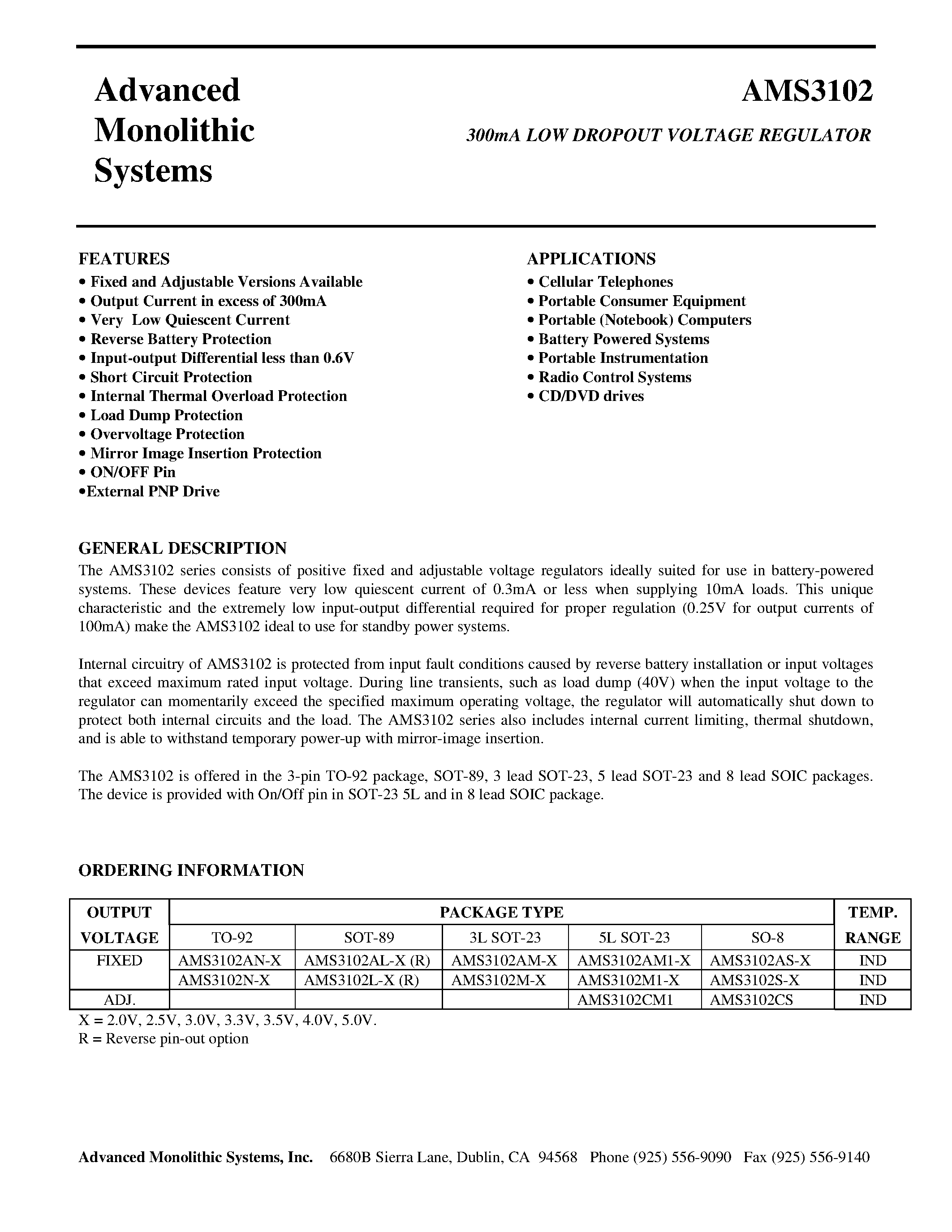 Datasheet AMS3102L-X - 300mA LOW DROPOUT VOLTAGE REGULATOR page 1