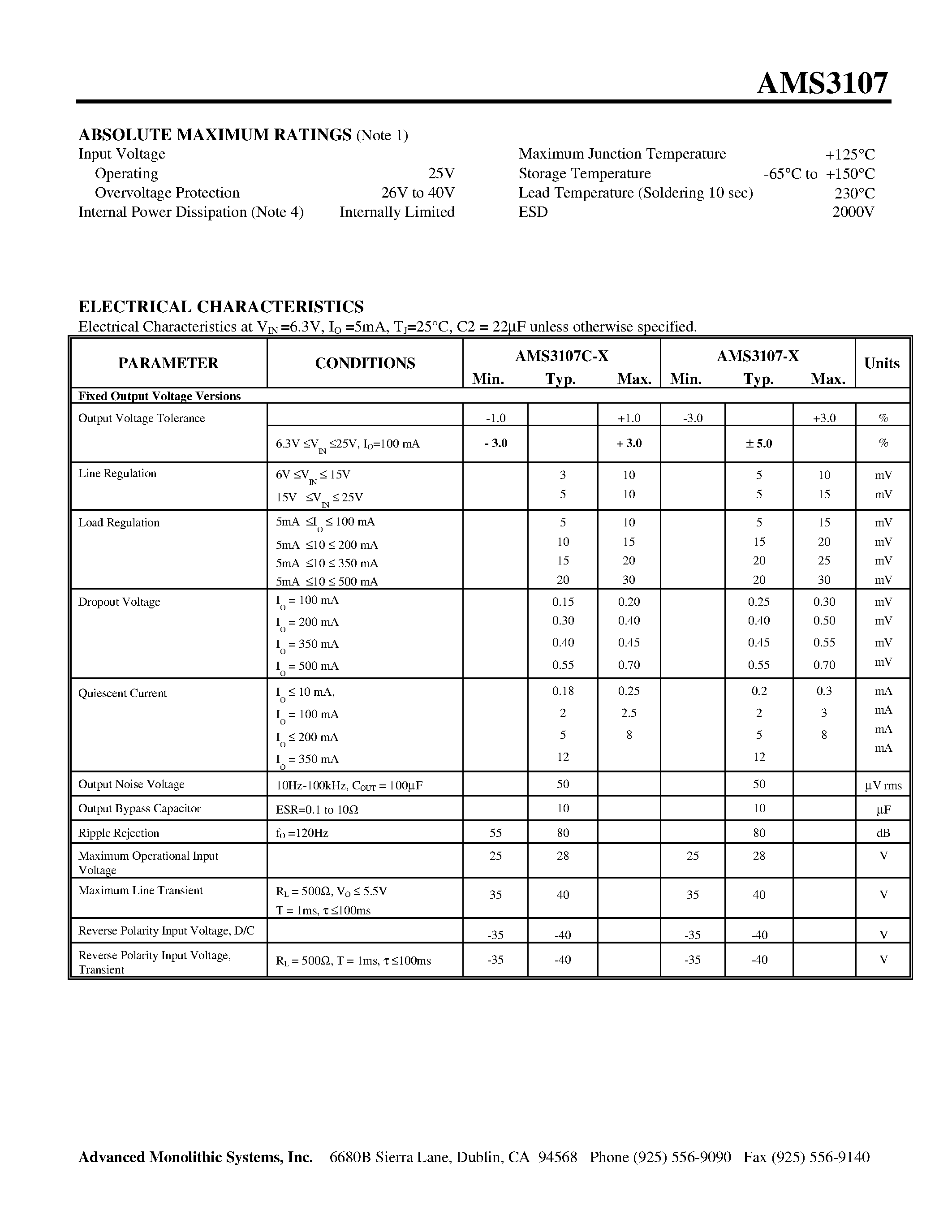 Datasheet AMS3107C-X page 2 Datasheet AMS3107C-X - 500mA LOW DROPOUT VOLTAGE REGULATOR page 2