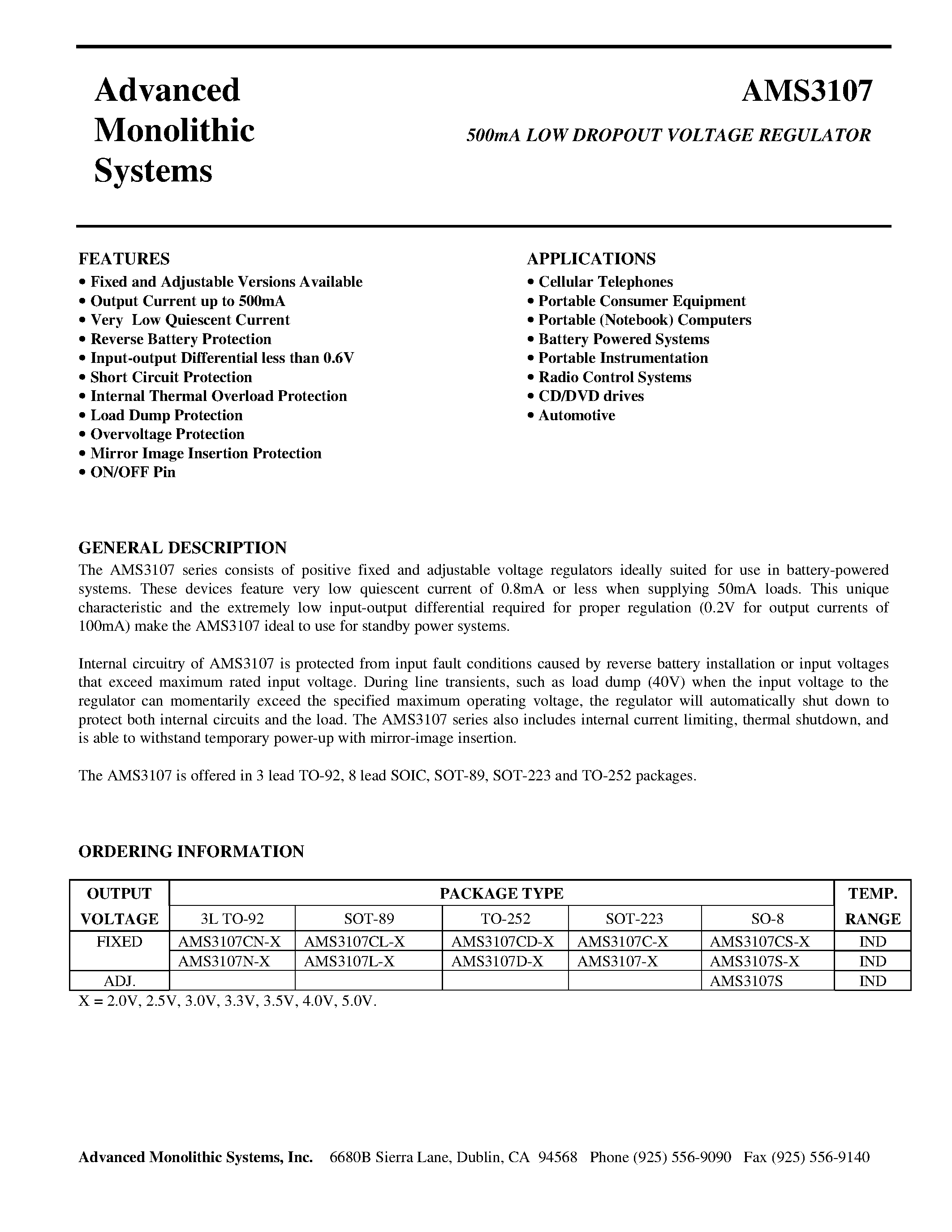 Datasheet AMS3107N-X page 1 Datasheet AMS3107N-X - 500mA LOW DROPOUT VOLTAGE REGULATOR page 1