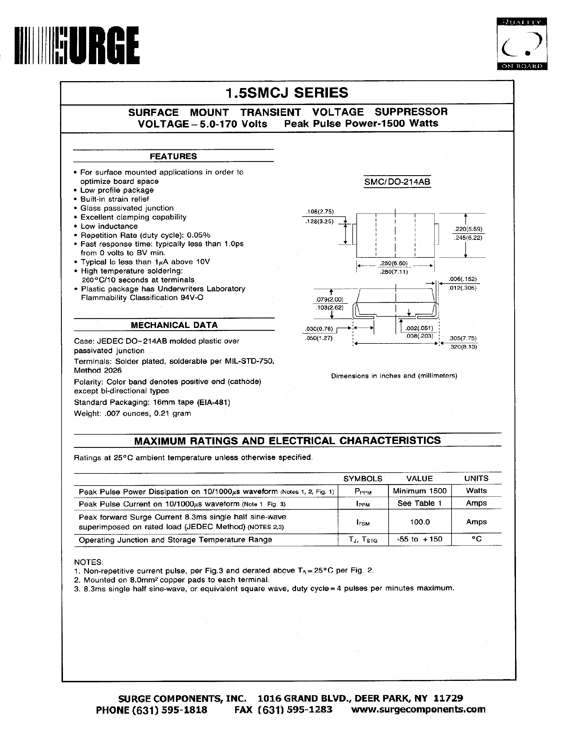 Даташит 1.5SMCJ8.5C - SURFACE MOUNT TRANSIENT VOLTAGE SUPPRESSOR VOLTAGE-5.0-170Volts страница 1