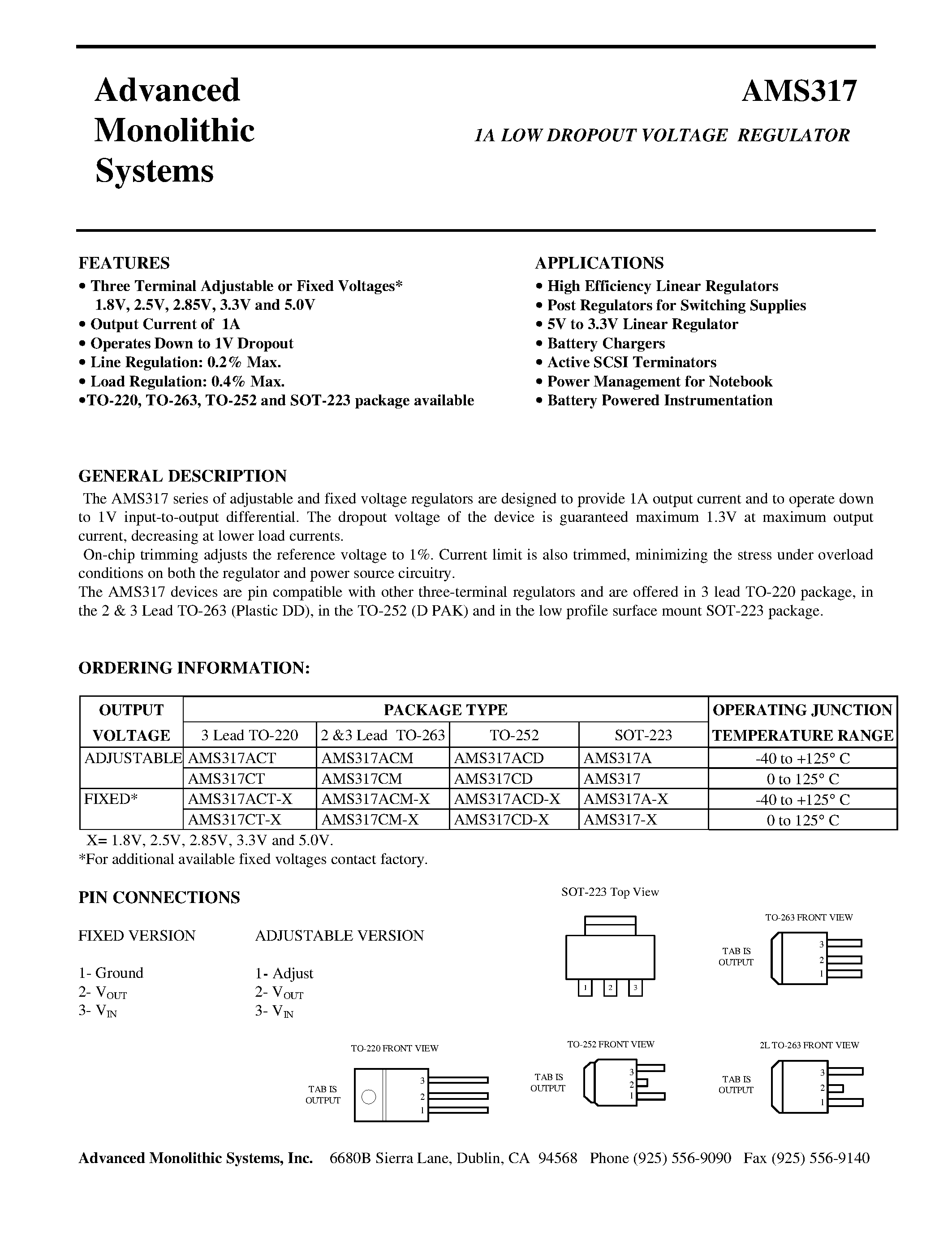 Datasheet AMS317CD-X page 1 Datasheet AMS317CD-X - 1A LOW DROPOUT VOLTAGE REGULATOR page 1