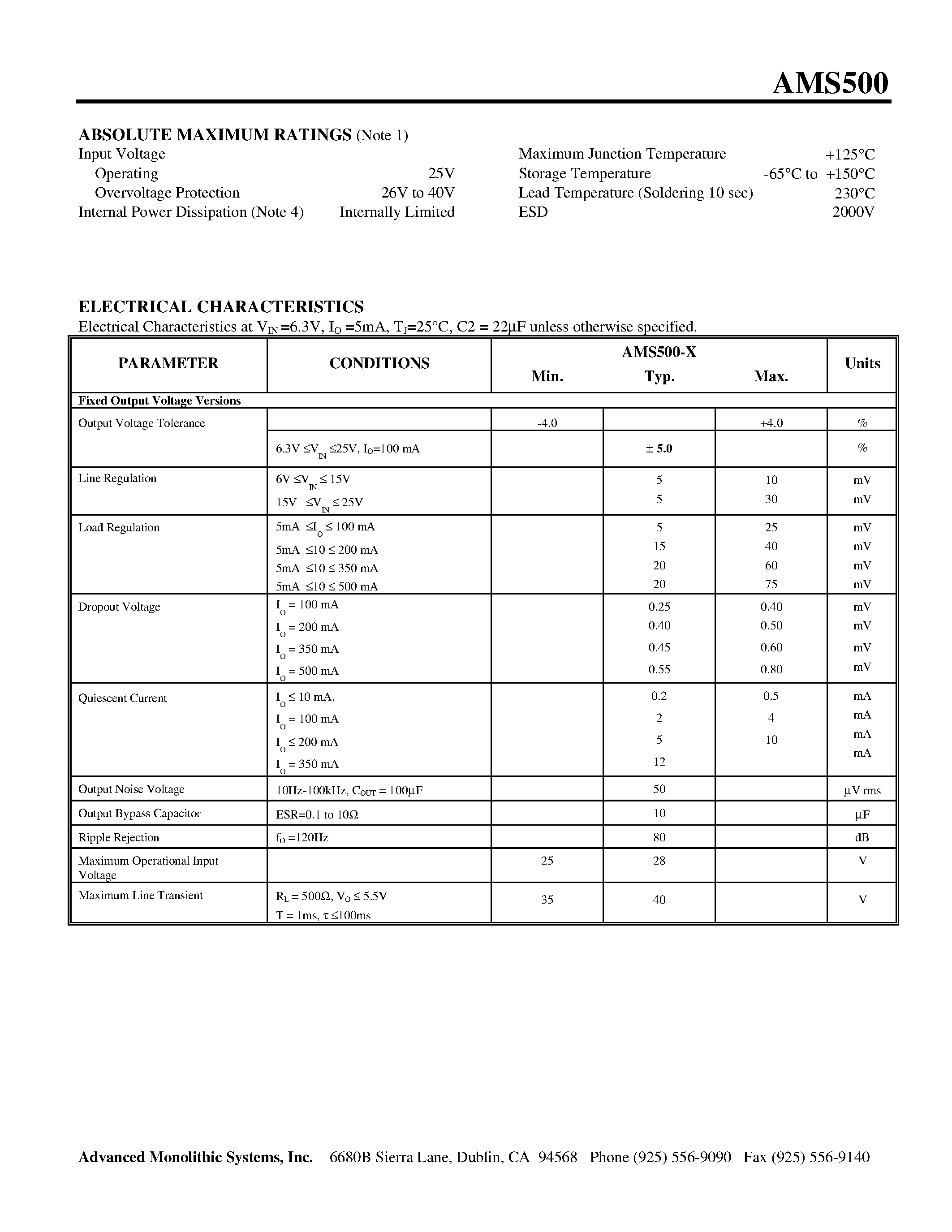 Datasheet AMS500L-X - LOW COST 500mA REGULATOR page 2