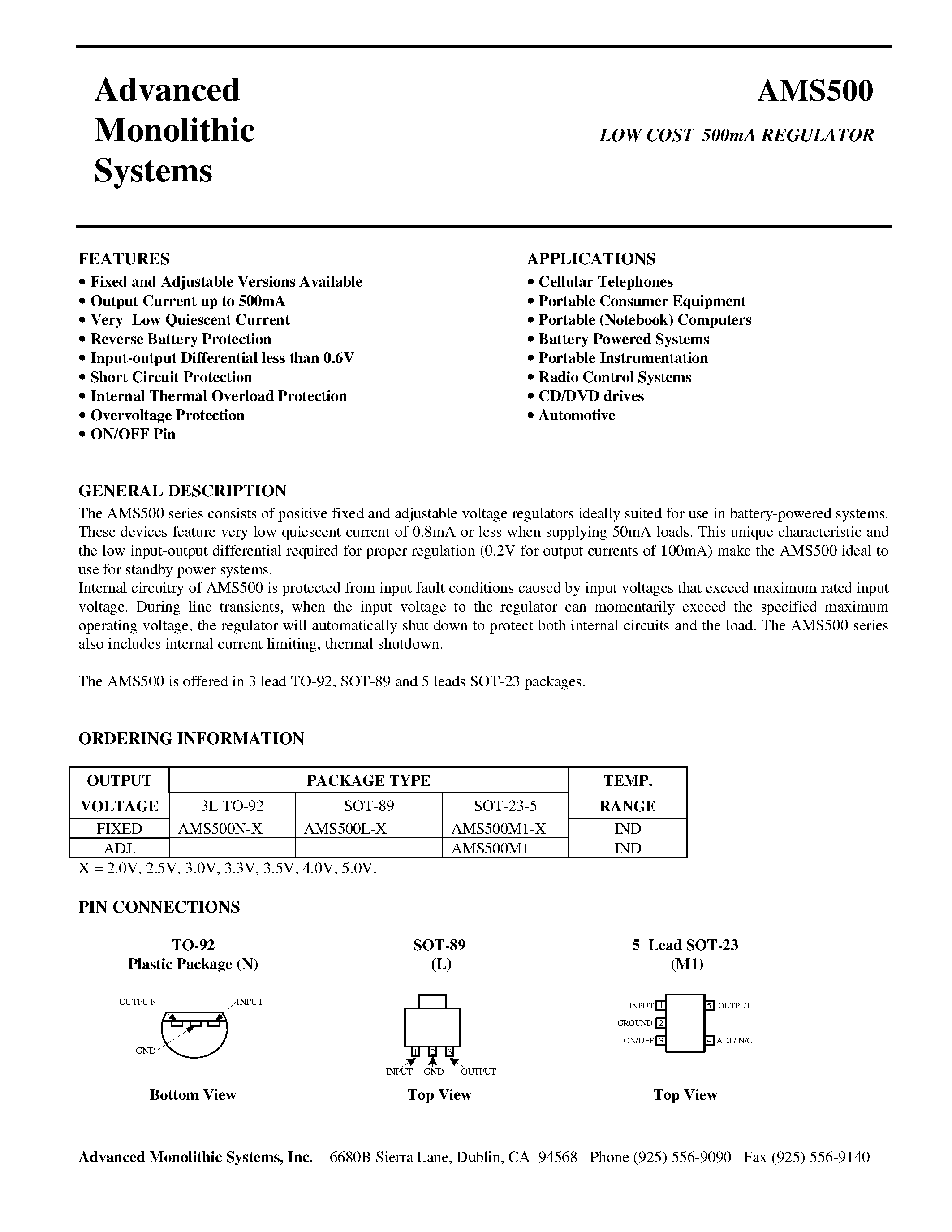 Datasheet AMS500N-X - LOW COST 500mA REGULATOR page 1