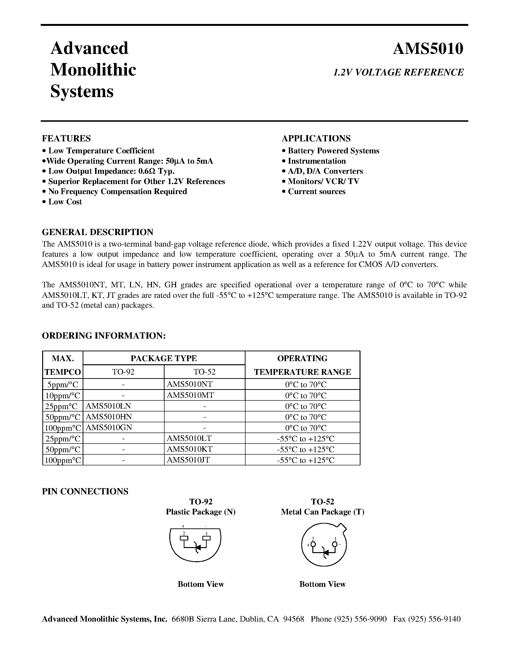 Даташит AMS5010MT - 1.2V VOLTAGE REFERENCE страница 1