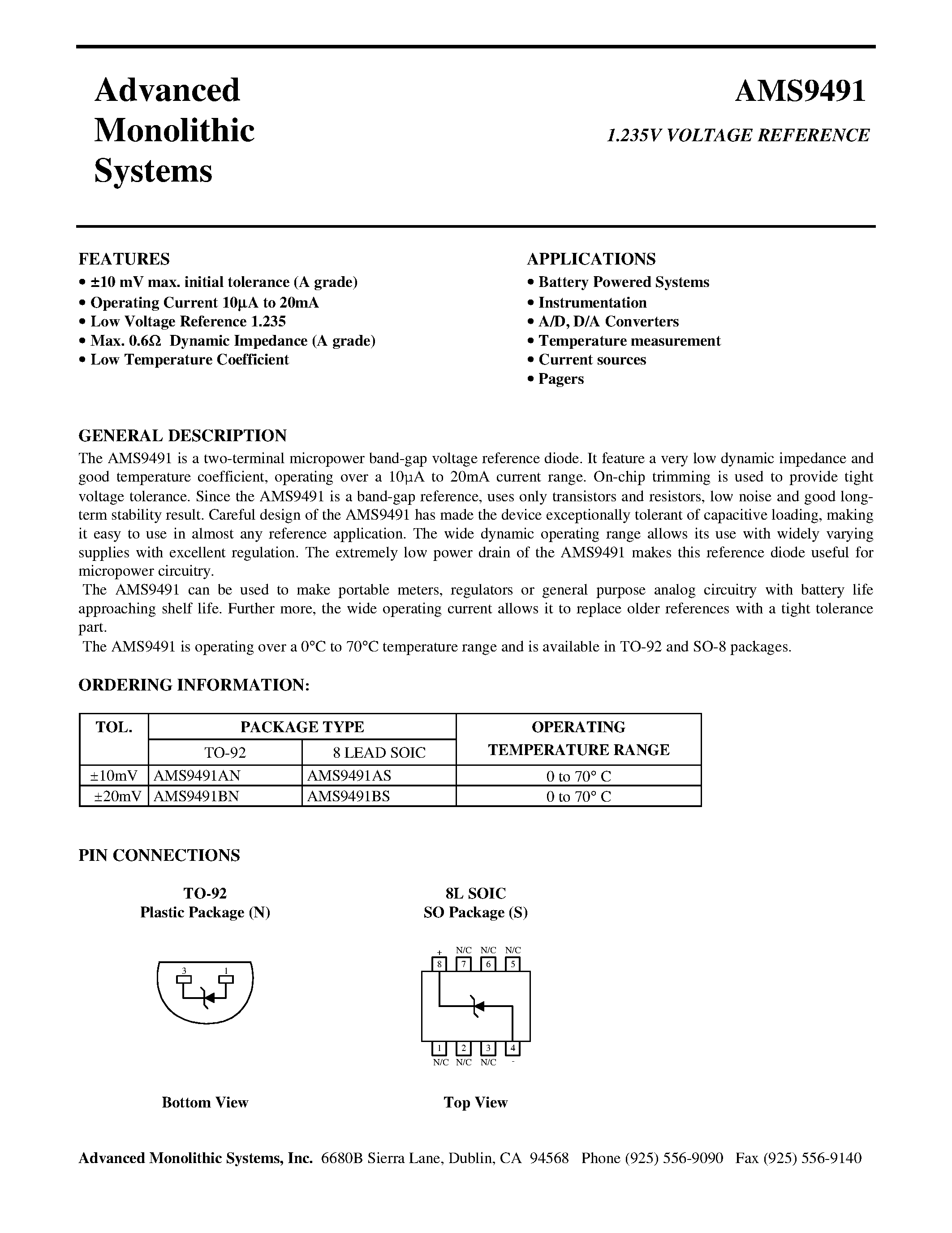 Даташит на микросхему AMS9491B страница 1 Даташит AMS9491B - 1.235V VOLTAGE REFERENCE страница 1