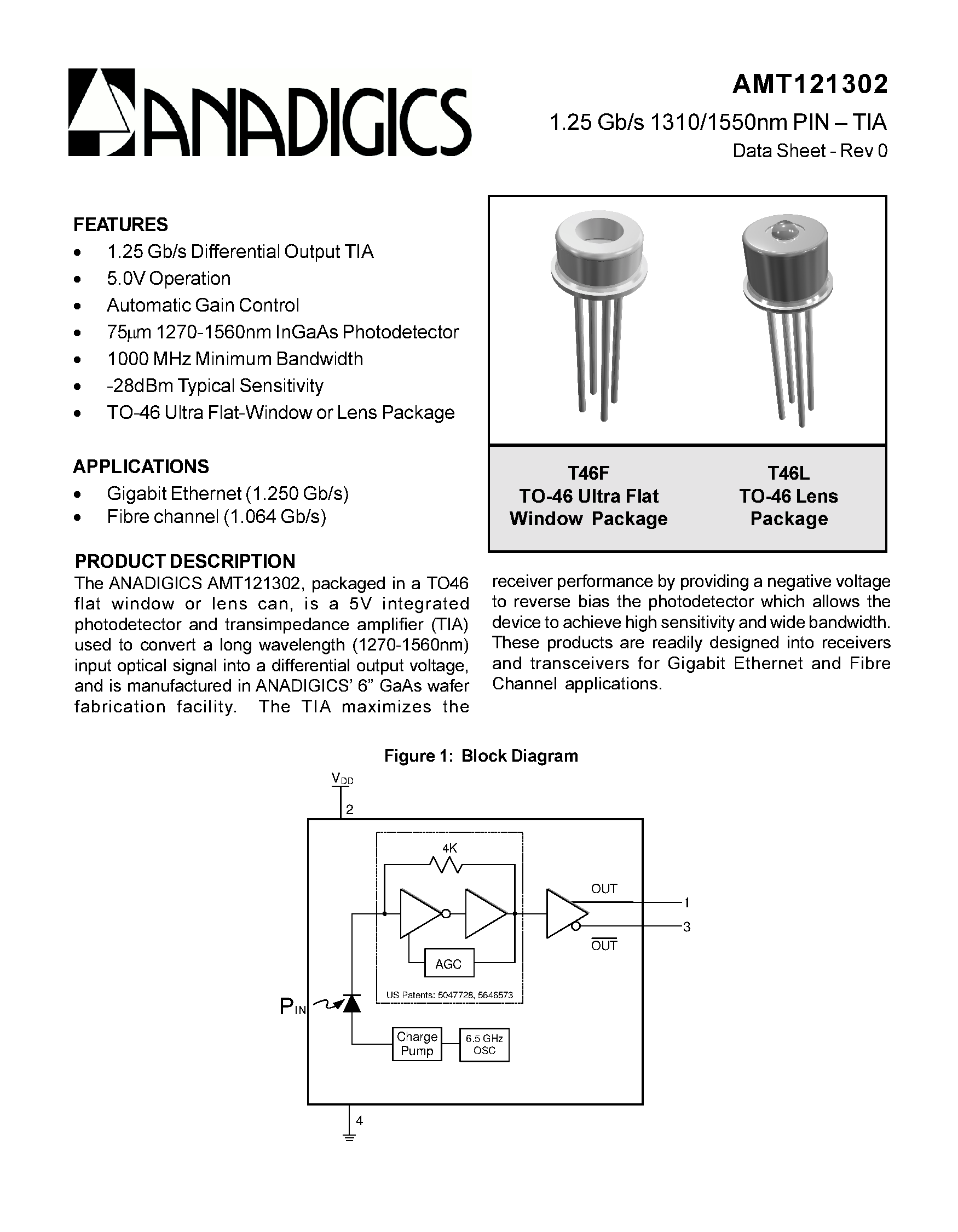 Datasheet AMT121302T46F page 1 Datasheet AMT121302T46F - 1.25Gb/s 1310/1550nm PIN-TIA page 1
