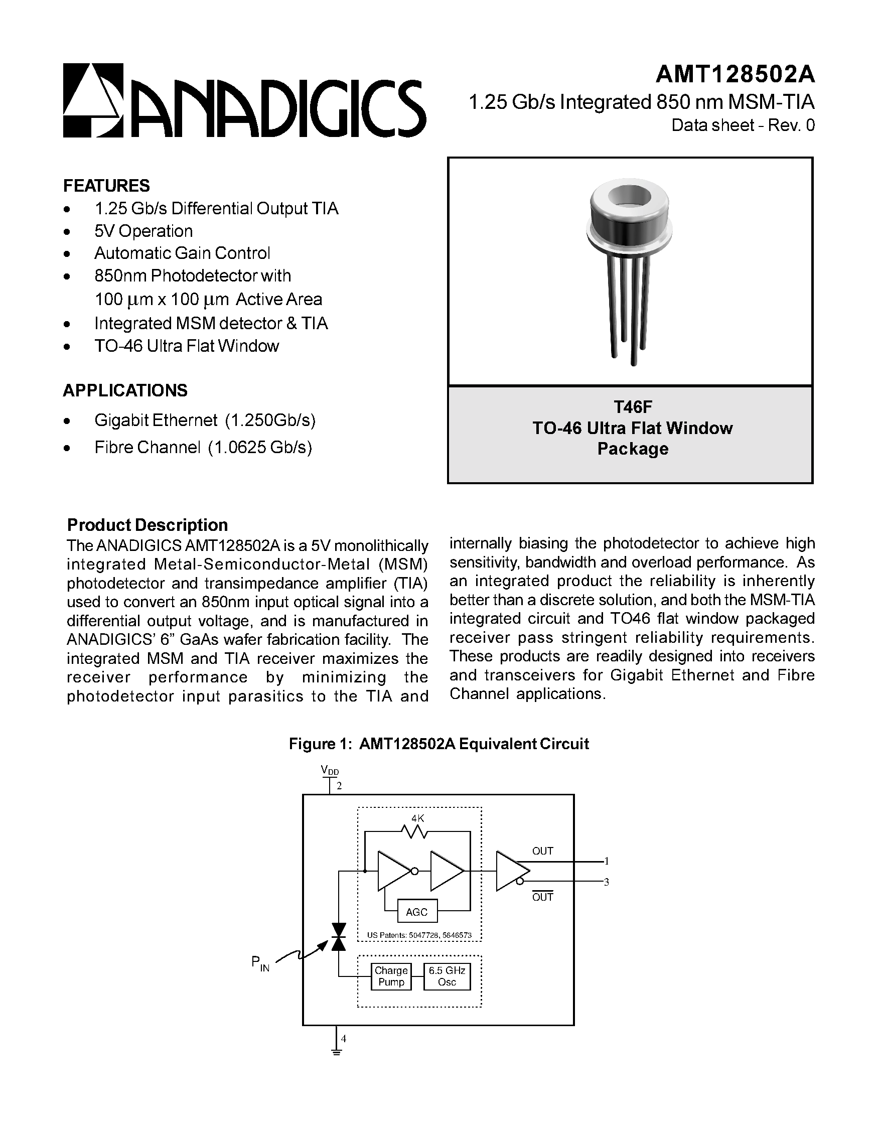 Datasheet AMT128503 page 1 Datasheet AMT128503 - 1.25Gb/s Integrated 850nm MSM-TIA page 1