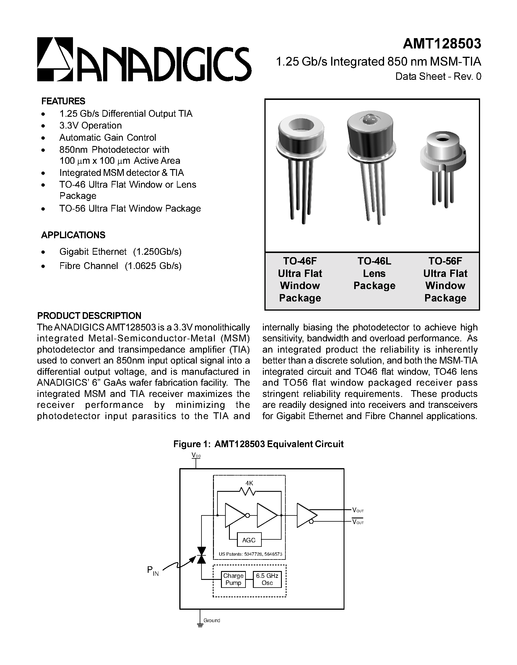 Datasheet AMT128503T56F - 1.25Gb/s Integrated 850nm MSM-TIA page 1