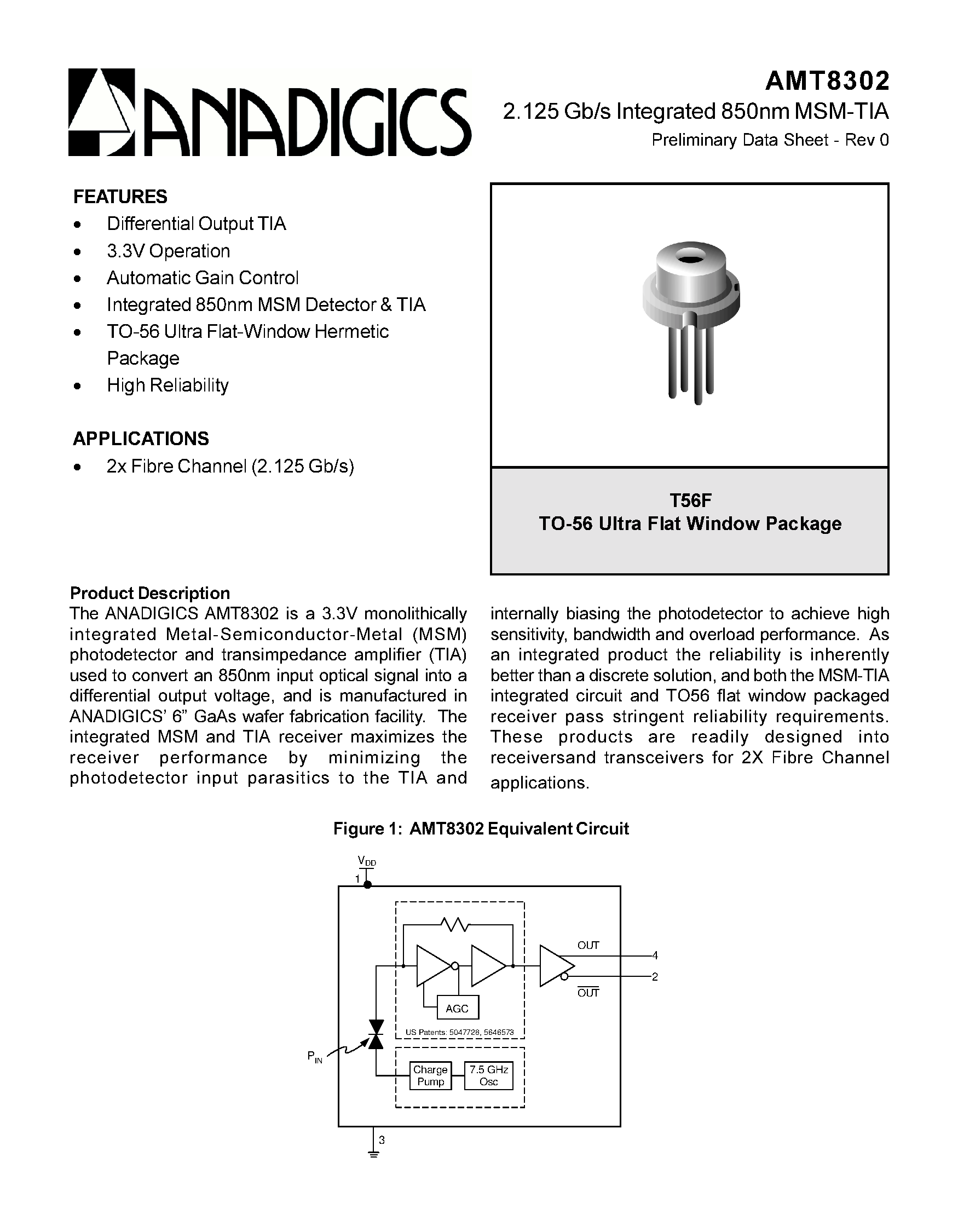 Datasheet AMT8302T56F - 2.125Gb/s Integrated 850nm MSM-TIA page 1