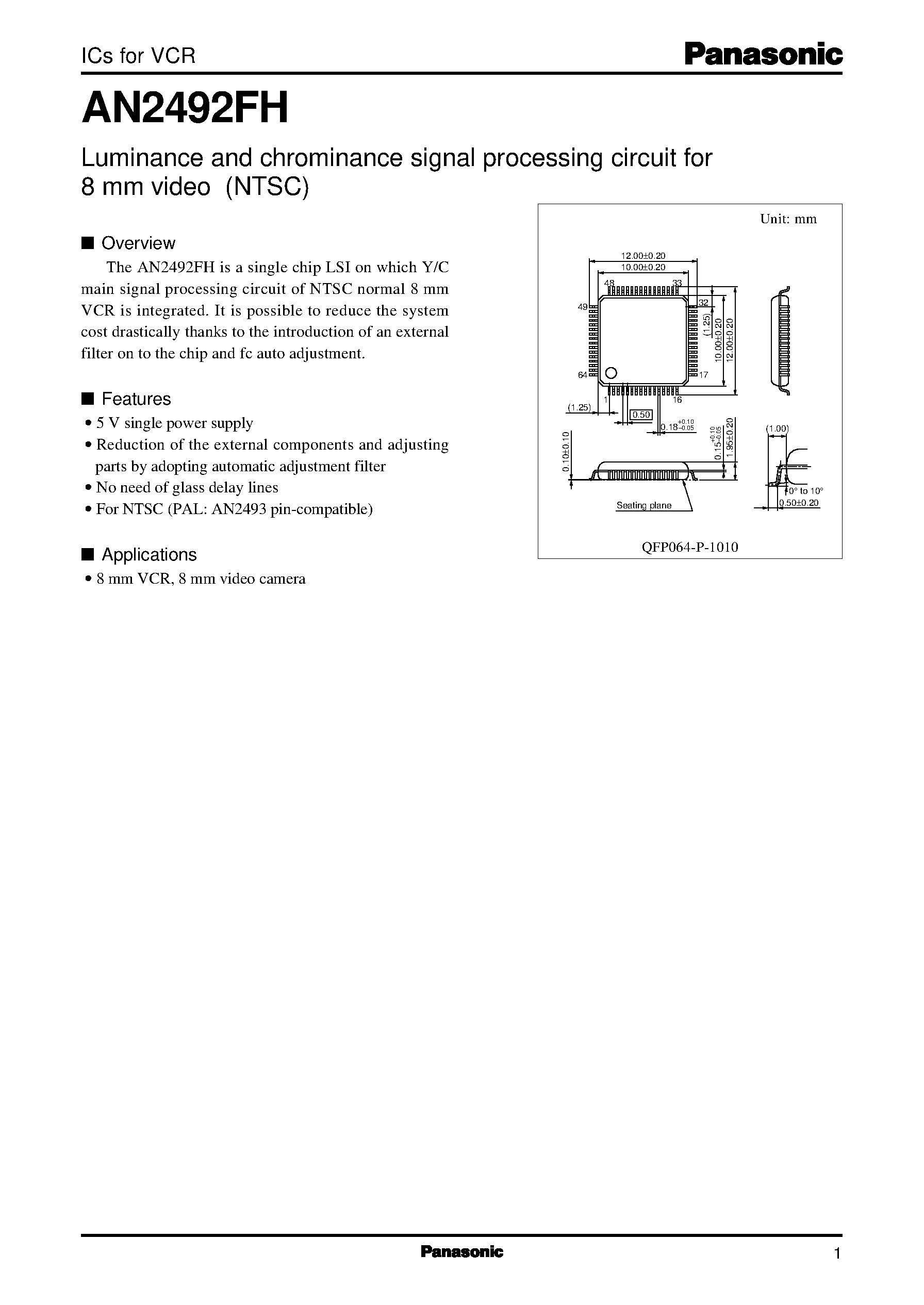 Даташит на микросхему AN2493FH страница 1 Даташит AN2493FH - Luminance and chrominance signal processing (PAL) IC for 8 mm VCR страница 1