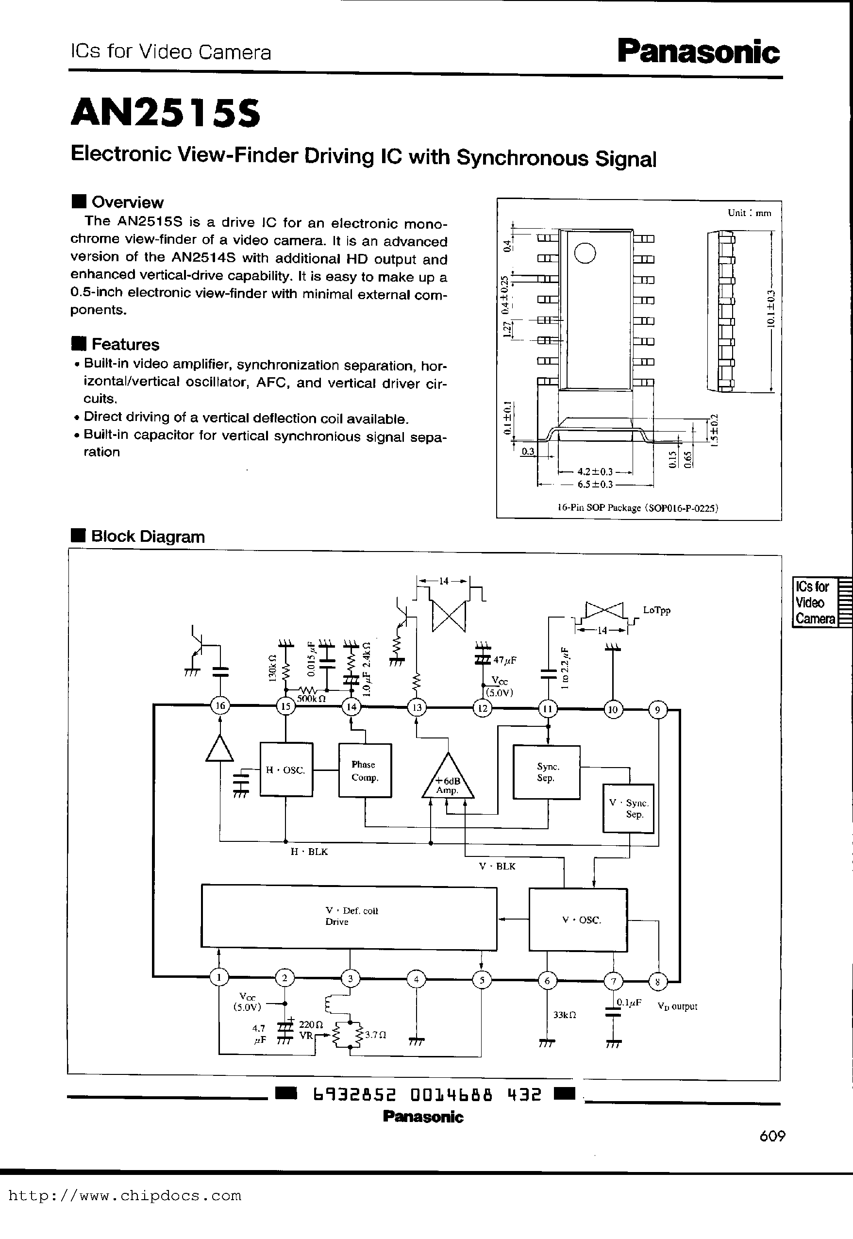 Datasheet AN2516S page 1 Datasheet AN2516S - Electronic View-Finder Driving IC with Character Input page 1