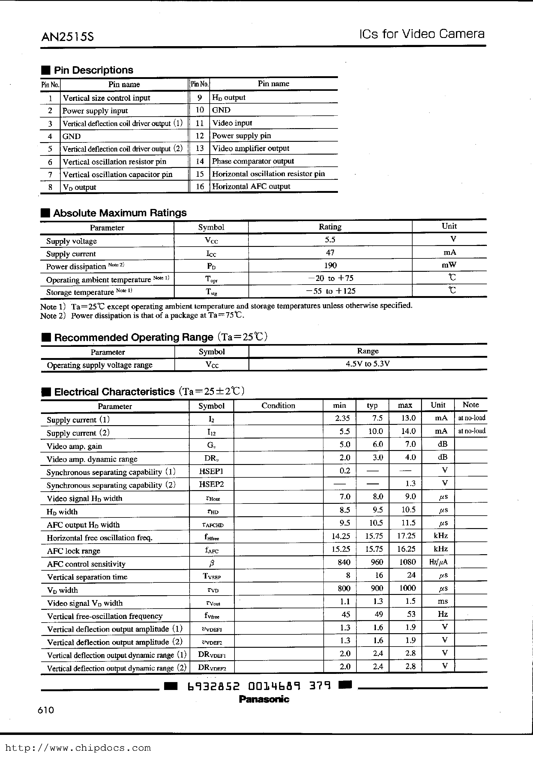 Datasheet AN2516S page 2 Datasheet AN2516S - Electronic View-Finder Driving IC with Character Input page 2